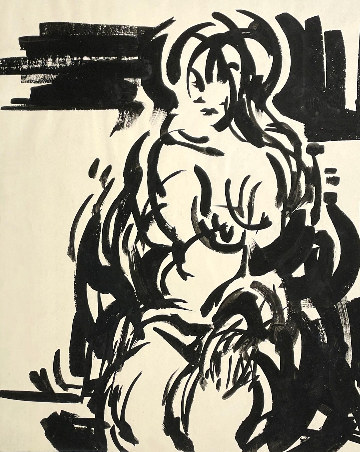 A Striking Mid-Century Modern Ink Drawing of a Seated Female Nude by Rudolph Pen For Sale 3