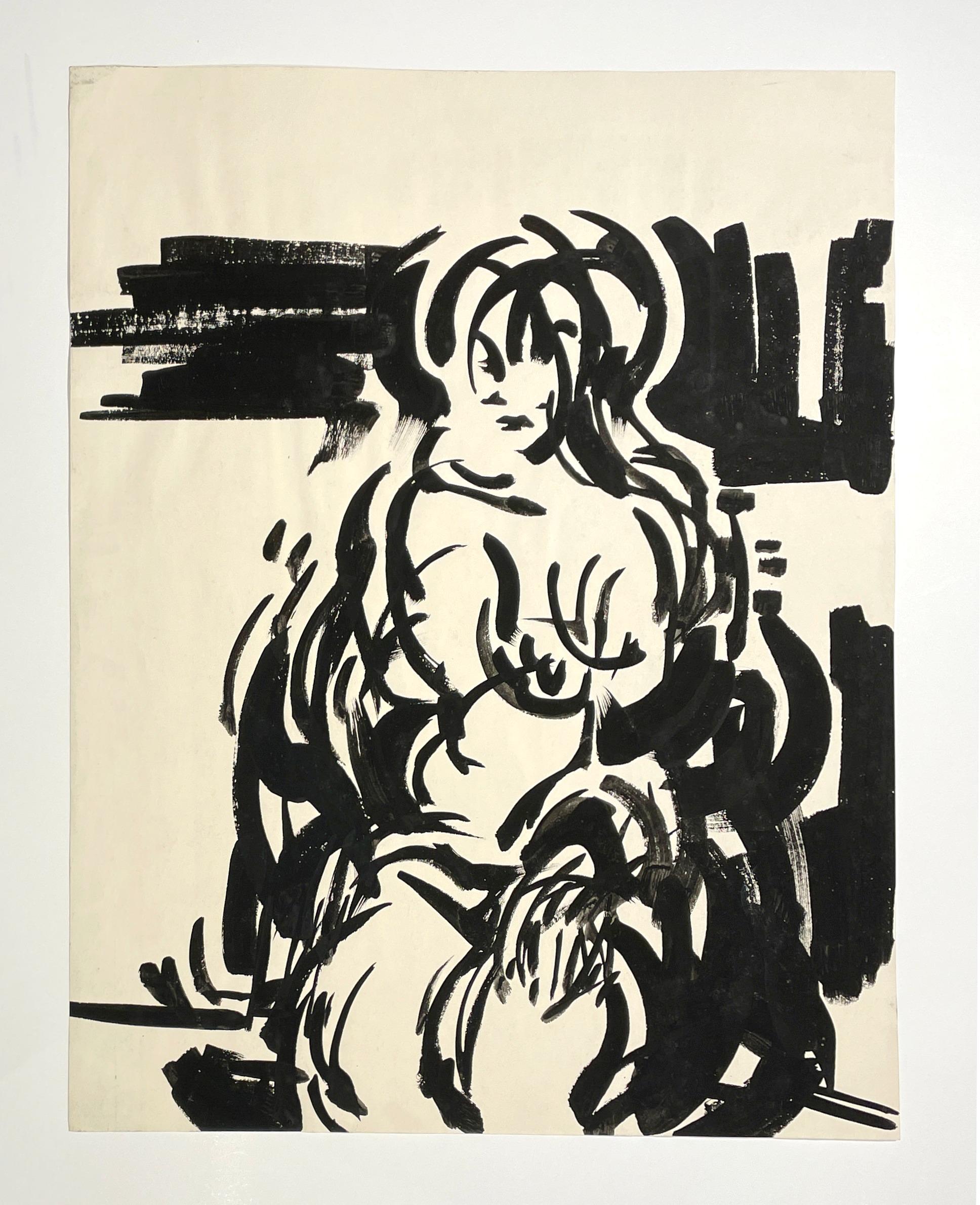 A Striking Mid-Century Modern Ink Drawing of a Seated Female Nude by Rudolph Pen For Sale 2