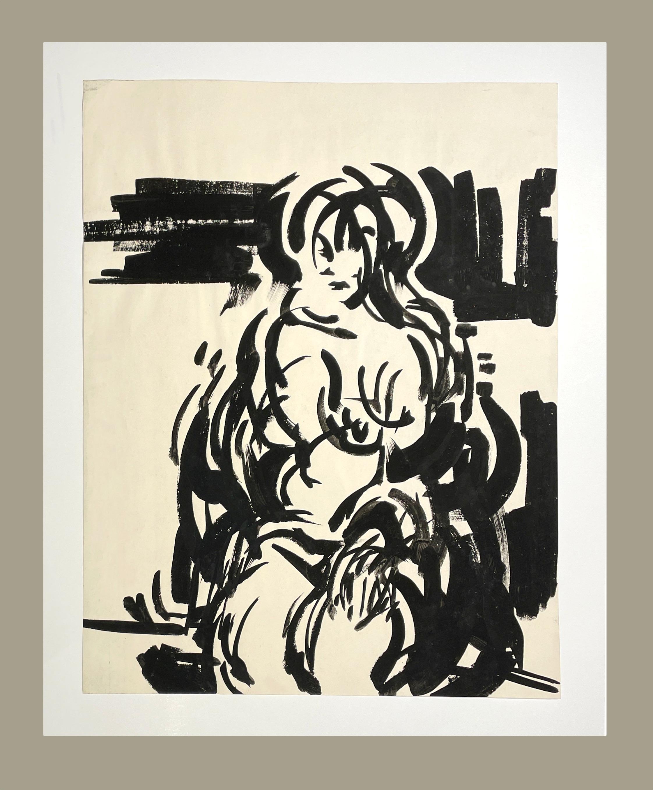 A Striking Mid-Century Modern Ink Drawing of a Seated Female Nude by Rudolph Pen For Sale 1