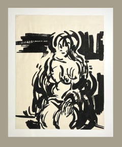 A Striking Mid-Century Modern Ink Drawing of a Seated Female Nude by Rudolph Pen