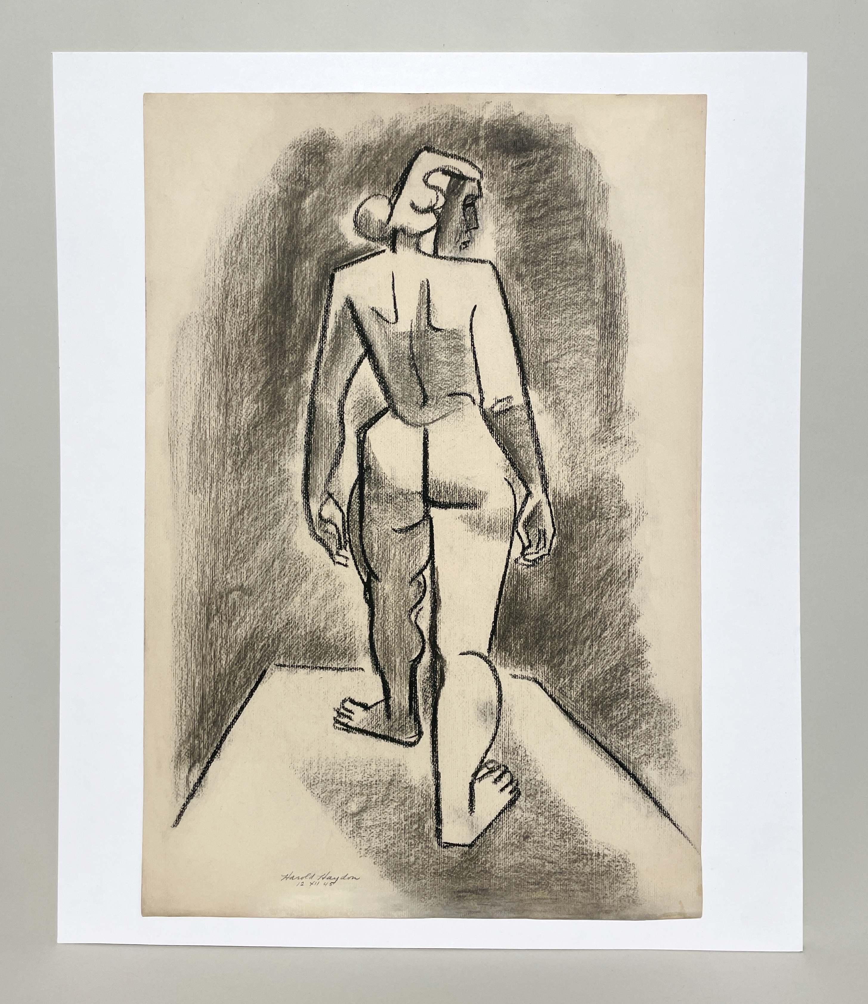 A Fabulous 1945 Mid-Century Modern Cubist Drawing of a Standing Female Nude - American Modern Art by Harold Haydon