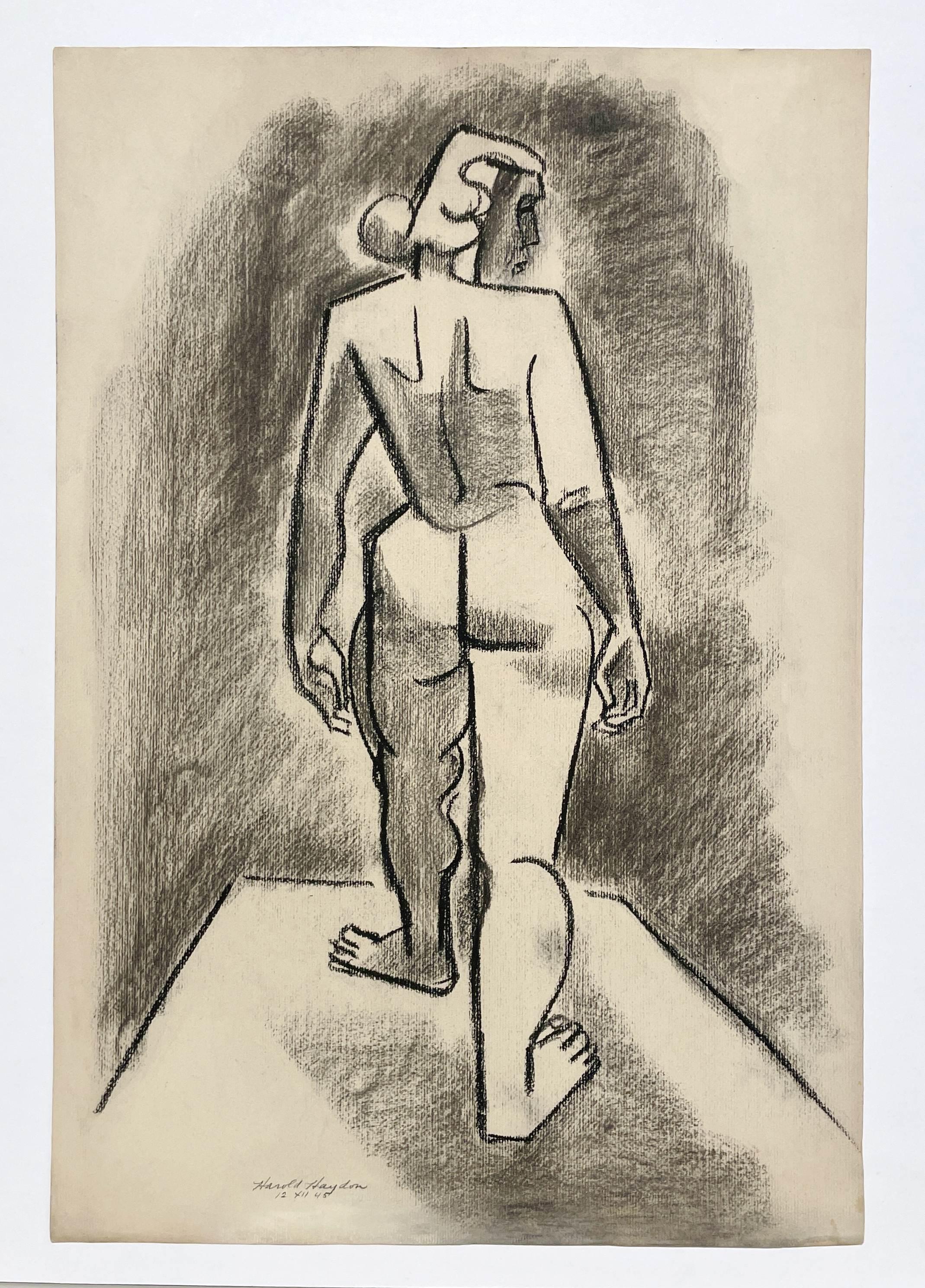 A Fabulous Mid-Century Modern Cubist Drawing of a Standing Female Nude by Noted Chicago Artist, Harold Haydon (Am. 1909-1994).  This visually striking figure study depicts a standing female nude model posing from the back, is charcoal on paper and