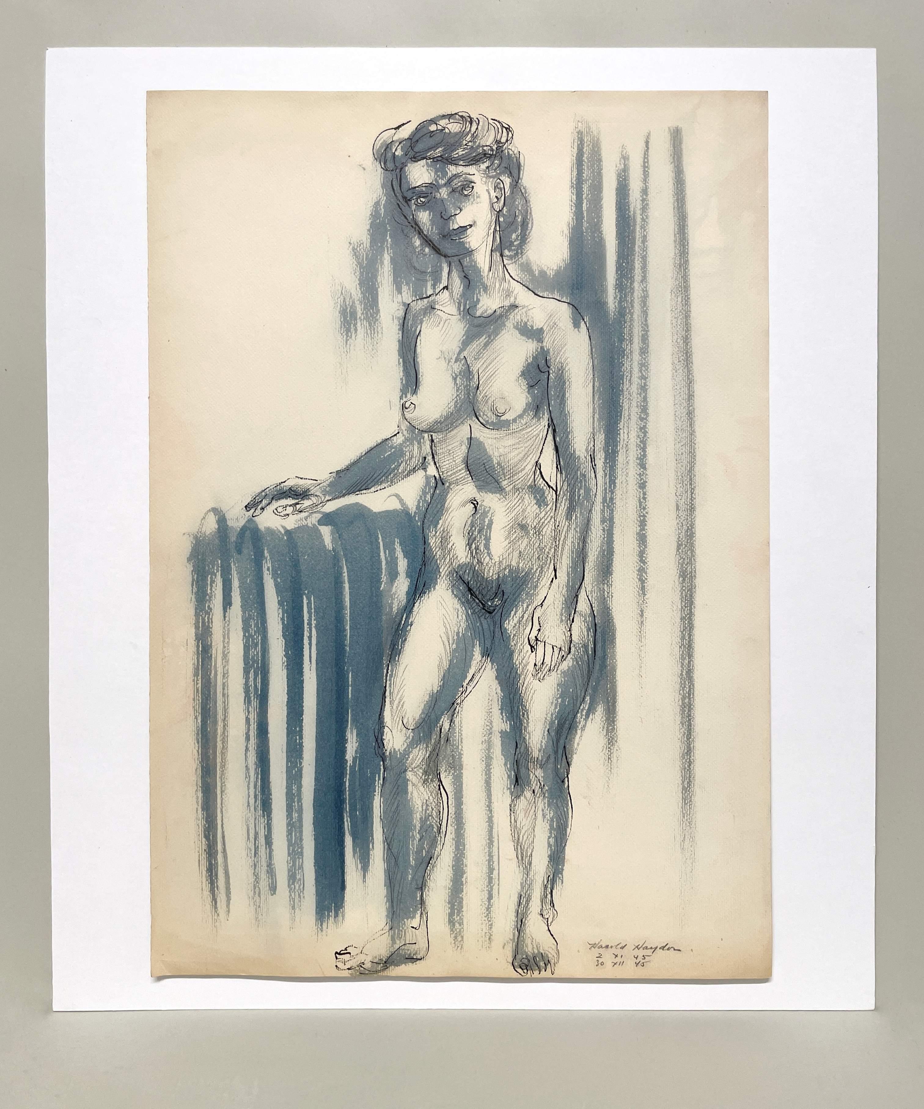 Un accattivante disegno di figura di un nudo femminile in piedi del 1945, in stile Mid-Century Modern - Art di Harold Haydon