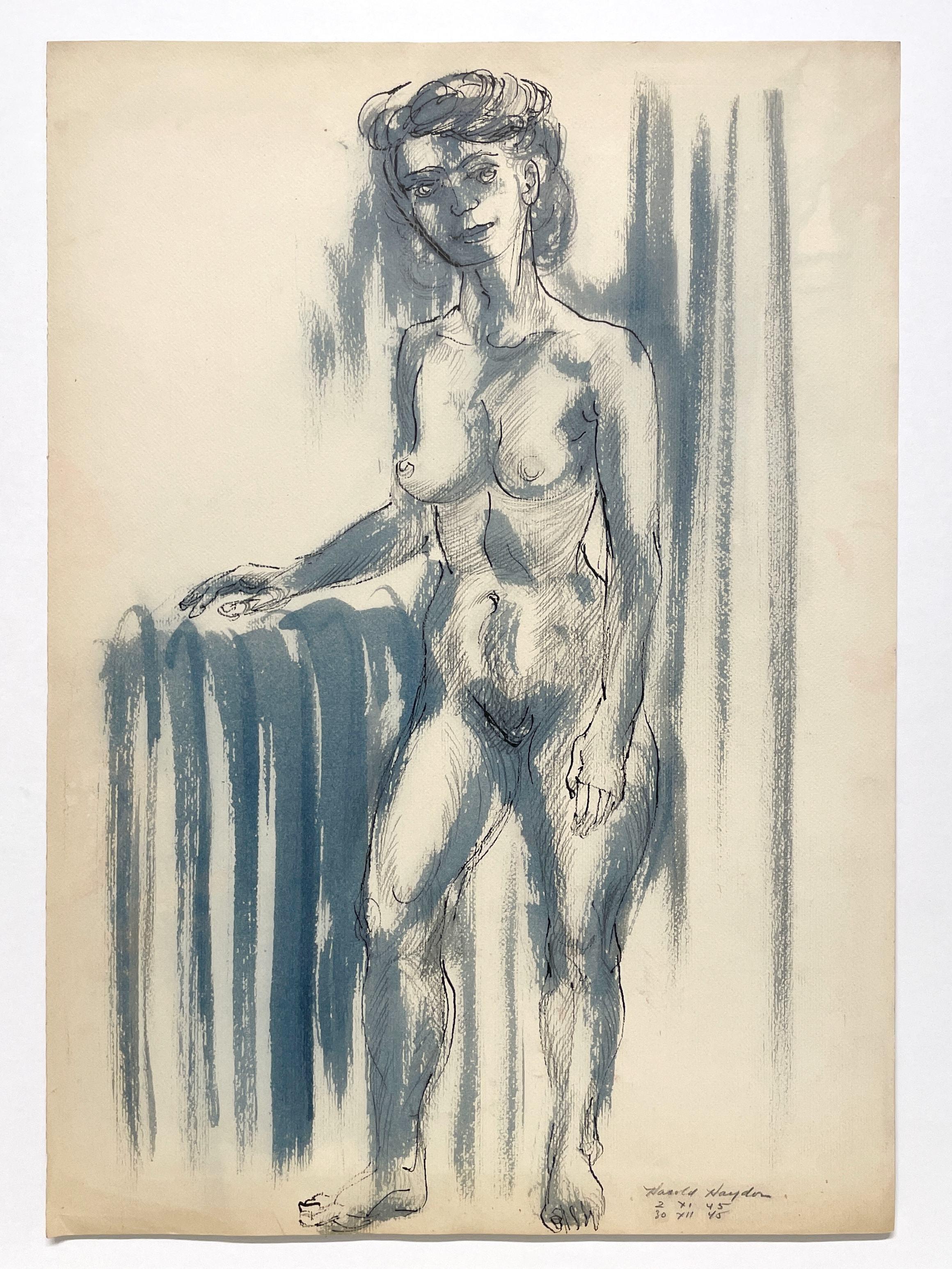 Un accattivante disegno di figura di un nudo femminile in piedi del 1945, in stile Mid-Century Modern - Art American Modern di Harold Haydon