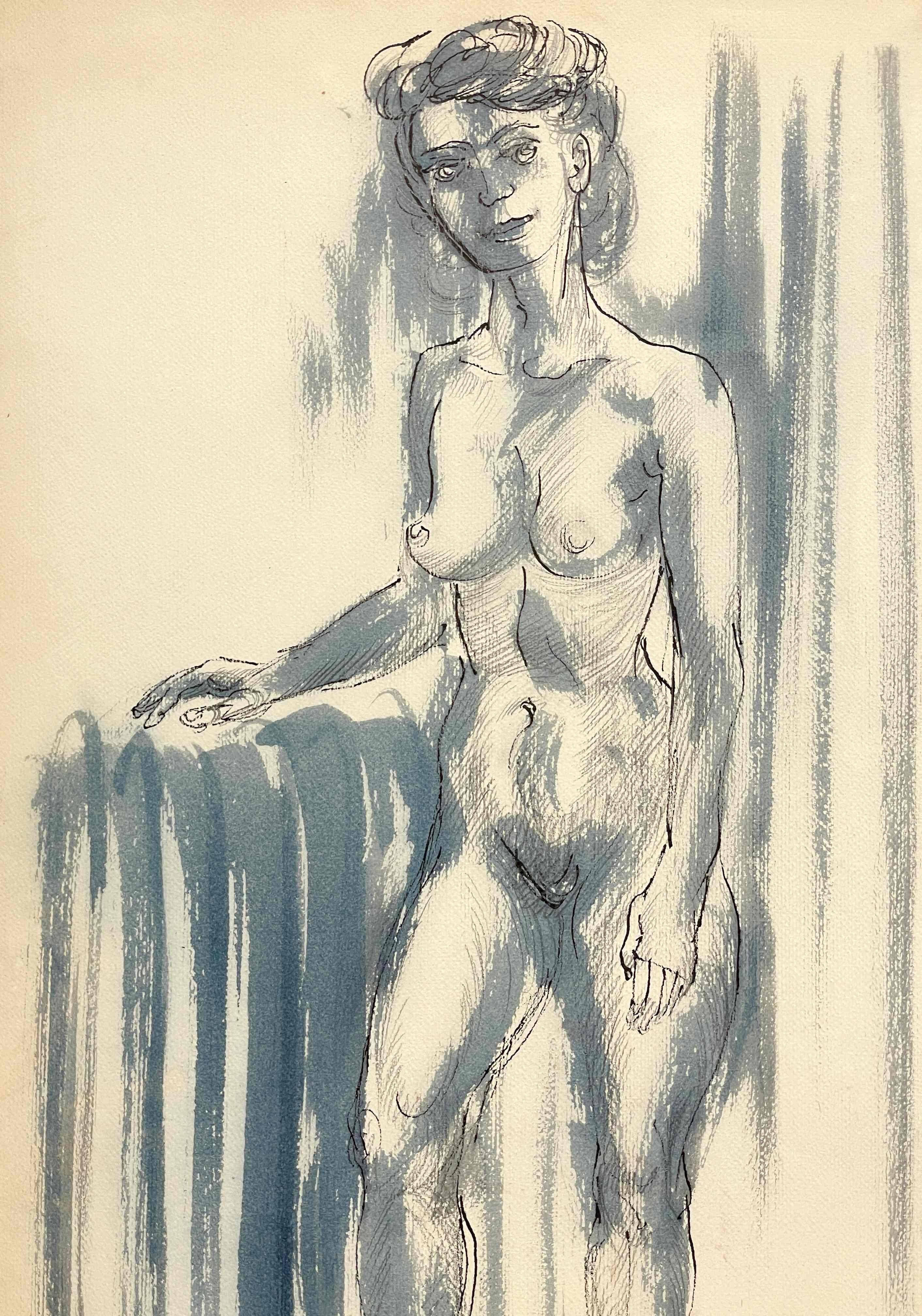 Un accattivante disegno di figura di nudo femminile in piedi, risalente alla metà del secolo scorso, realizzato da Harold Haydon, noto artista di Chicago (Am. 1909-1994).  Uno studio di figura di nudo femminile in studio finemente reso,  l'opera