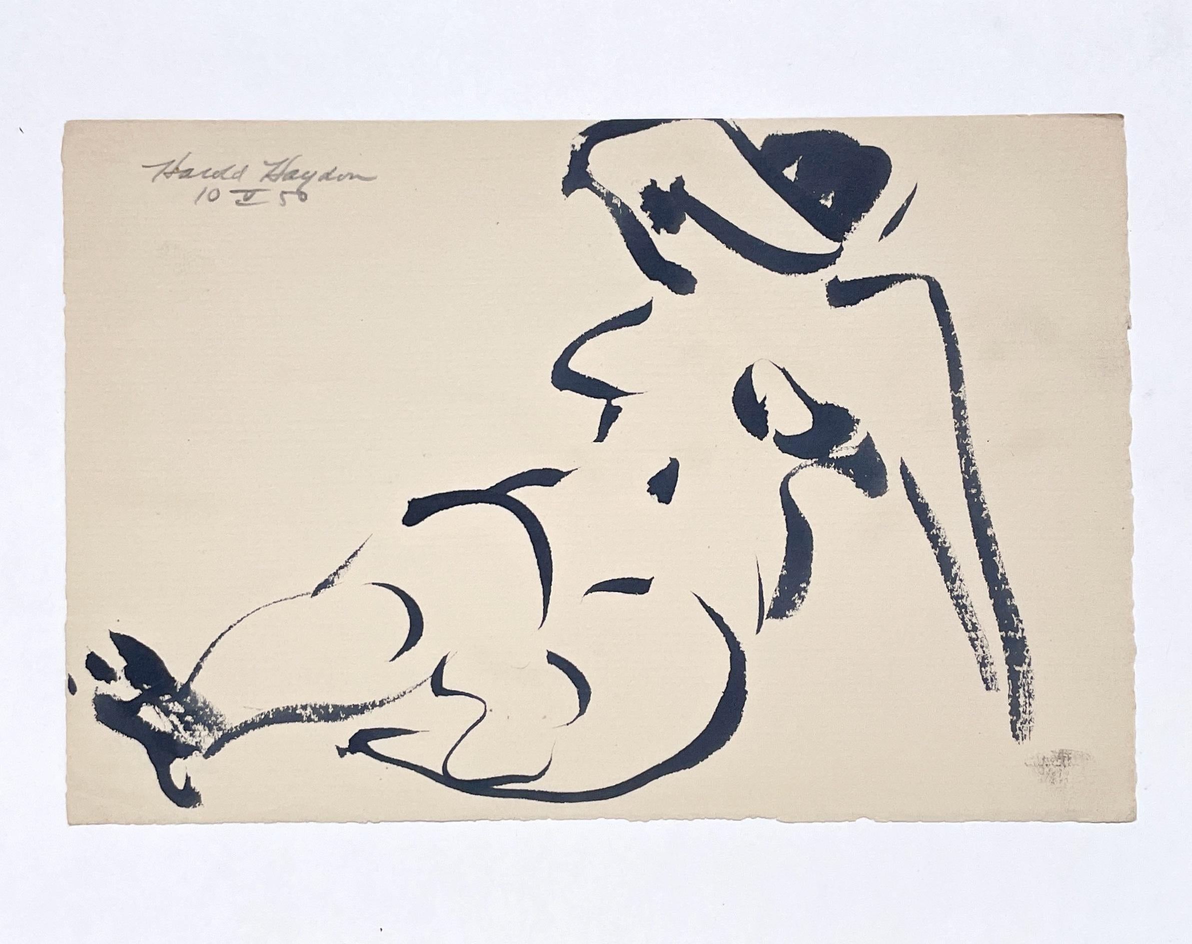 Dessin à l'encre d'un nu féminin couché, datant des années 1950, d'un style moderne du milieu du siècle dernier - Modernisme américain Art par Harold Haydon