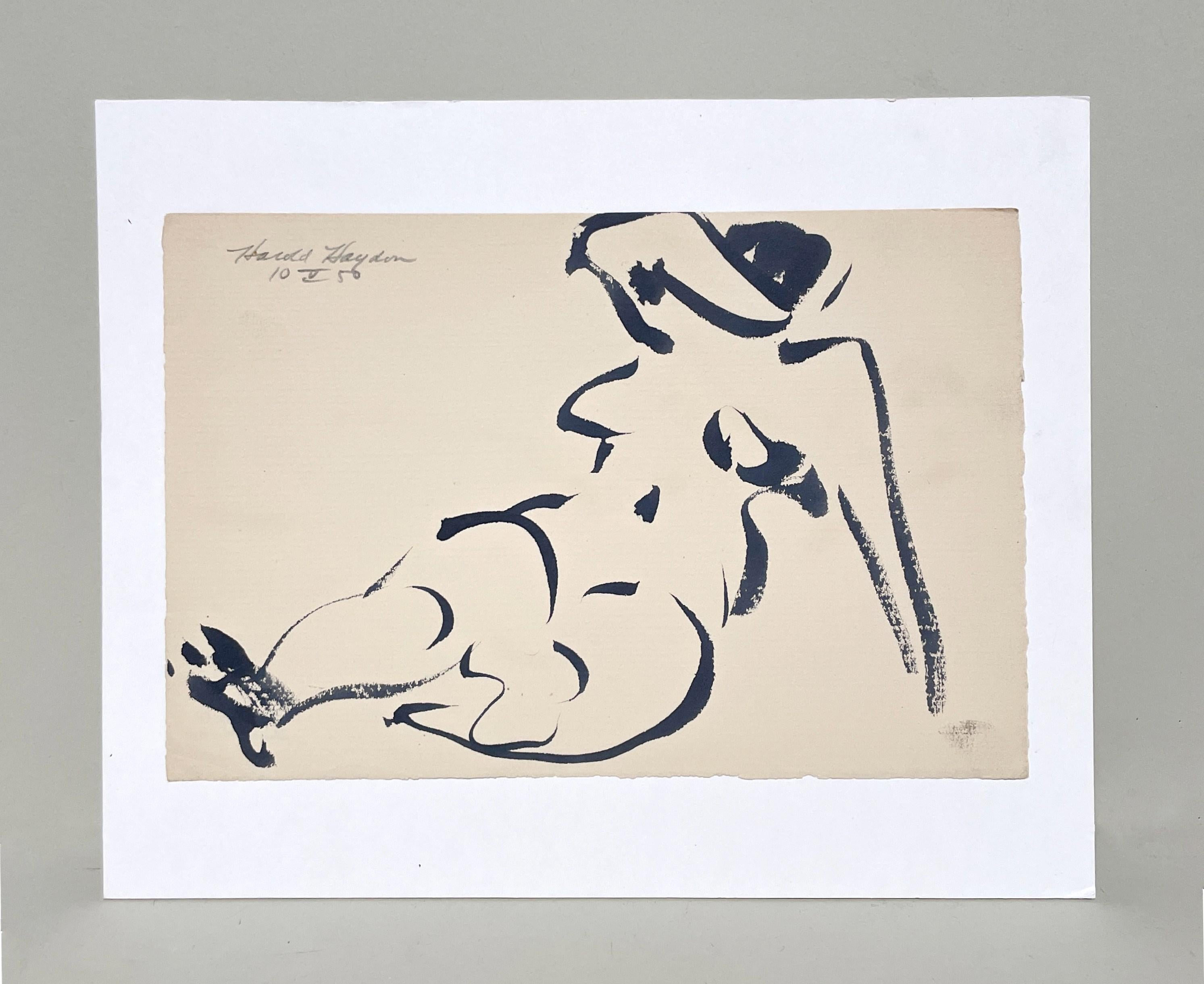 Dessin à l'encre d'un nu féminin couché, datant des années 1950, d'un style moderne du milieu du siècle dernier - Art de Harold Haydon