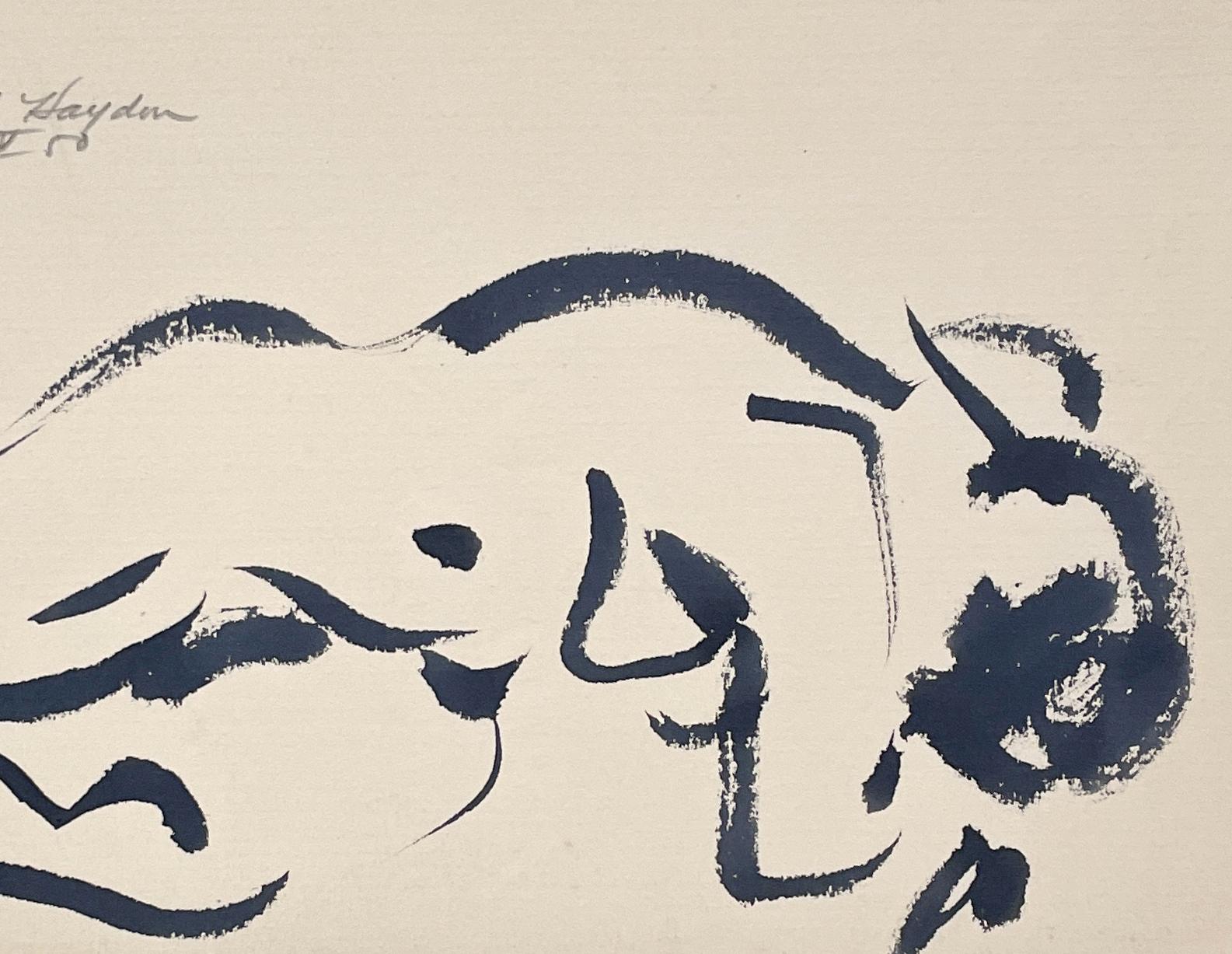 Un sorprendente disegno a inchiostro di un nudo femminile reclinato degli anni '50 della modernità di metà secolo - Nude Beige di Harold Haydon