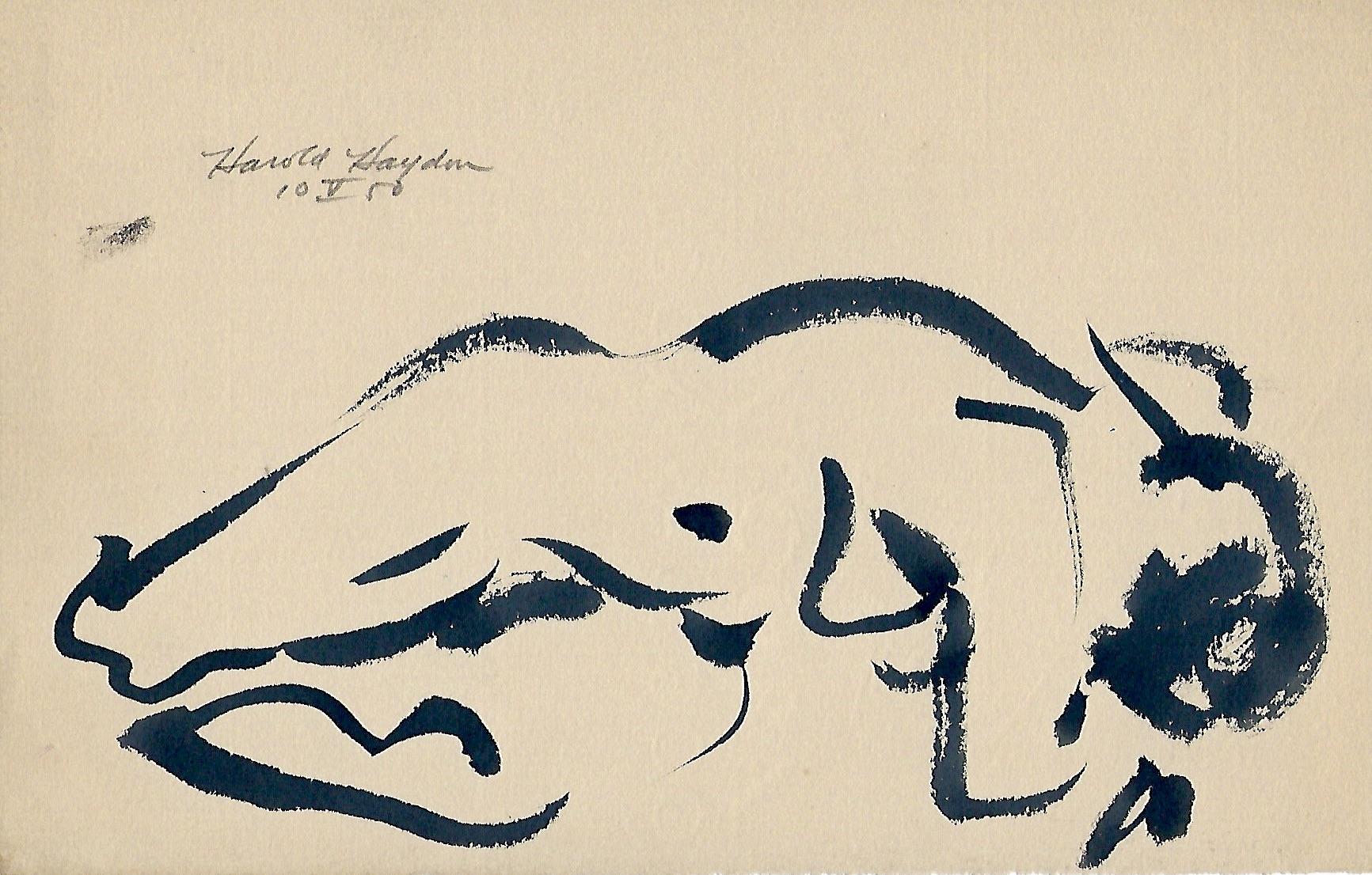 Un sorprendente disegno a inchiostro della metà del secolo scorso di un nudo femminile reclinato di Harold Haydon, noto artista di Chicago (Am. 1909-1994).  Mostrando un uso essenziale ed eccezionale della pennellata, della linea e della forma, il