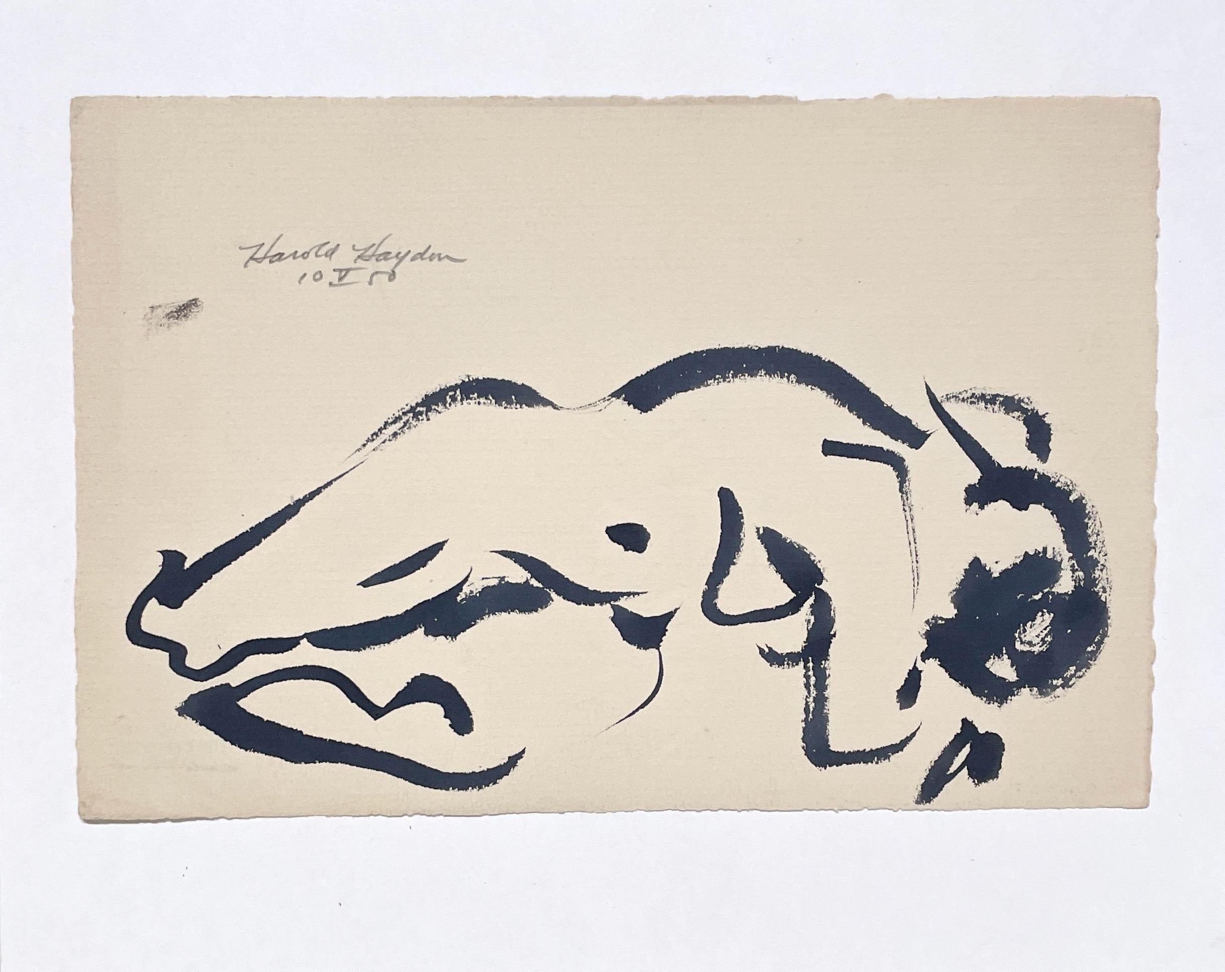 Un sorprendente disegno a inchiostro di un nudo femminile reclinato degli anni '50 della modernità di metà secolo - Art American Modern di Harold Haydon