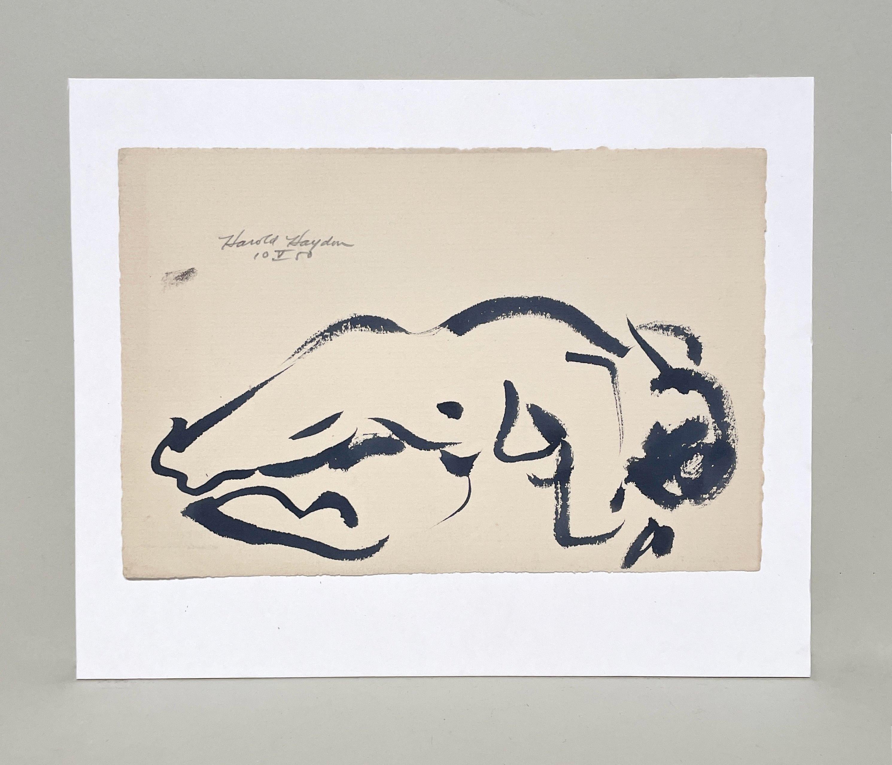 Un sorprendente disegno a inchiostro di un nudo femminile reclinato degli anni '50 della modernità di metà secolo - Art di Harold Haydon