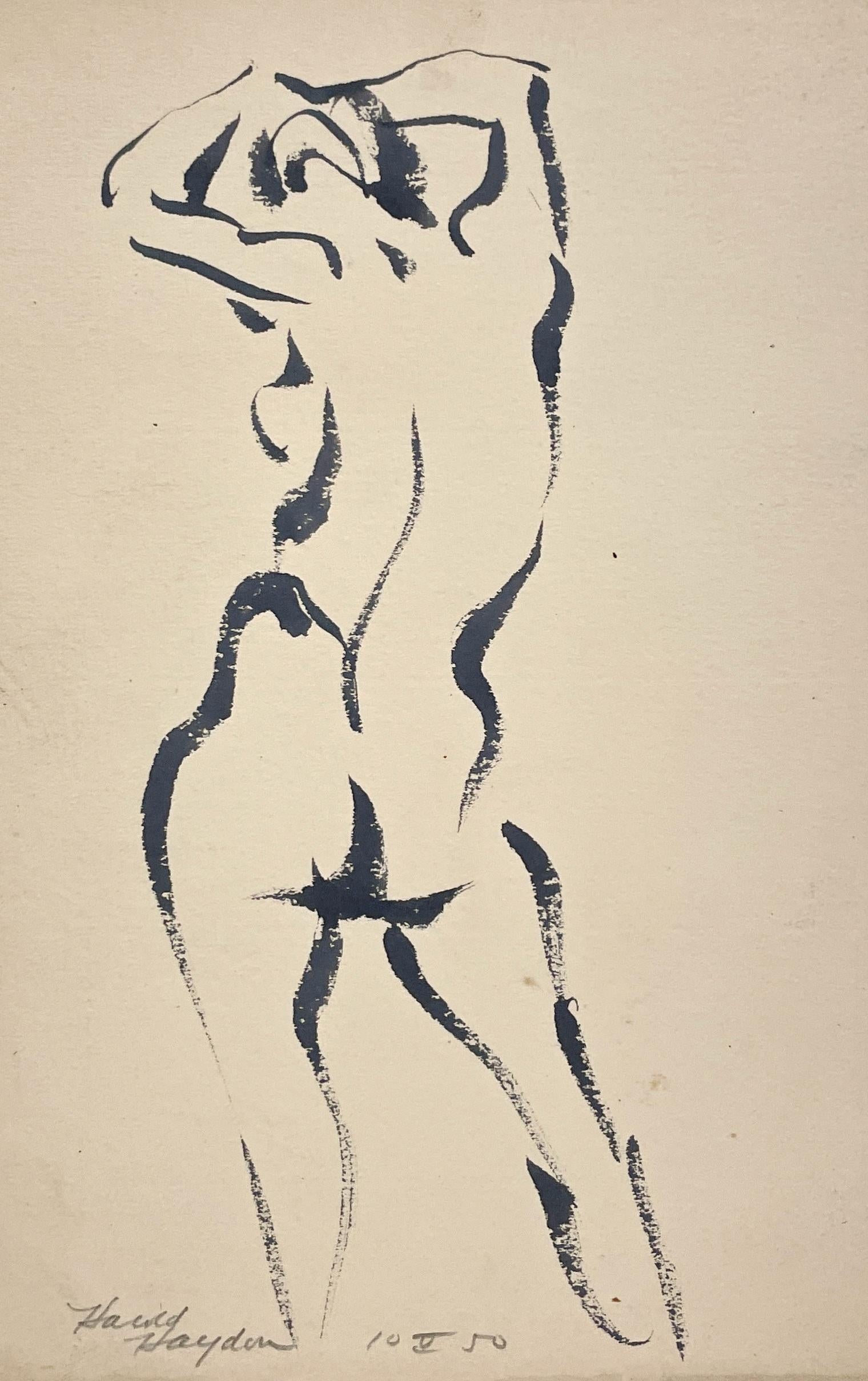 Un sorprendente disegno a inchiostro di un nudo femminile in piedi degli anni '50 della modernità di metà secolo - Nude Arancia di Harold Haydon