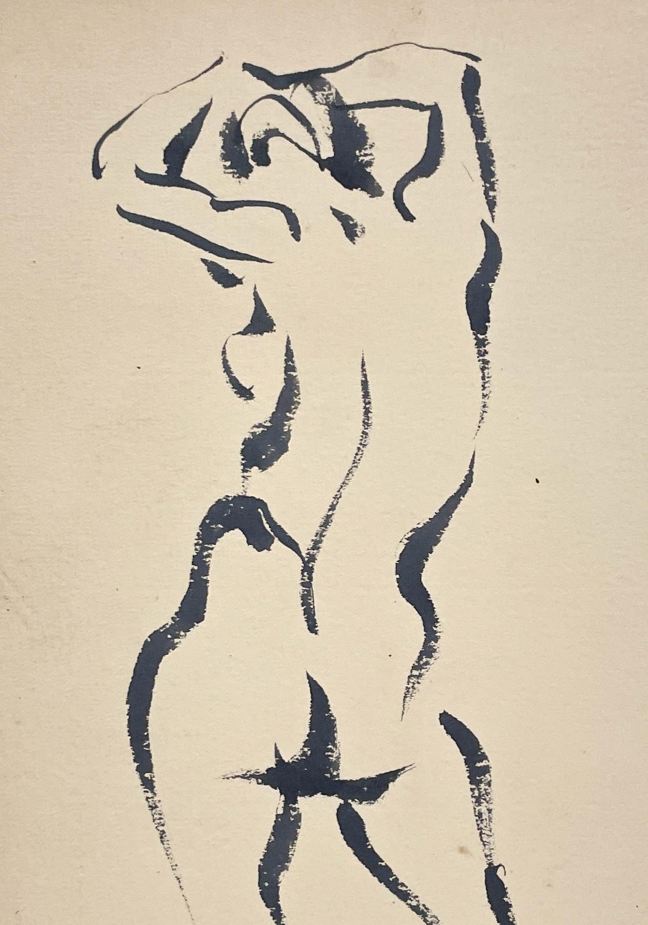 Un sorprendente disegno a inchiostro della metà del secolo scorso di un nudo femminile in piedi di Harold Haydon, noto artista di Chicago (Am. 1909-1994).  Mostrando un uso essenziale ed eccezionale della pennellata, della linea e della forma, il
