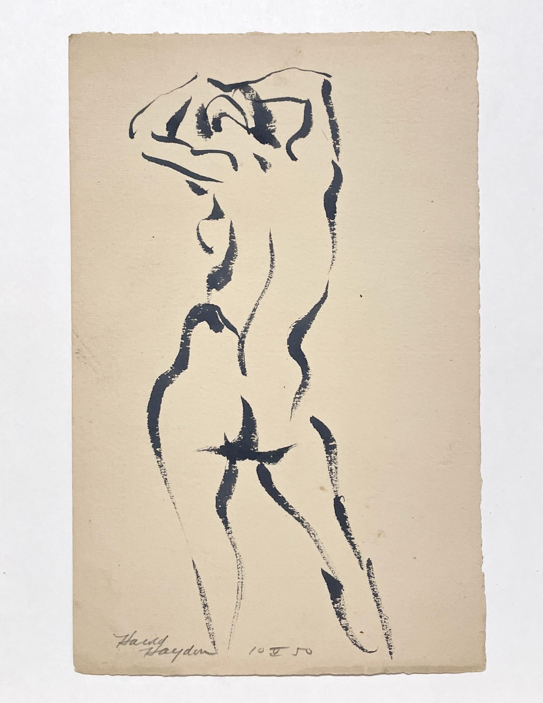 Un sorprendente disegno a inchiostro di un nudo femminile in piedi degli anni '50 della modernità di metà secolo - Art American Modern di Harold Haydon