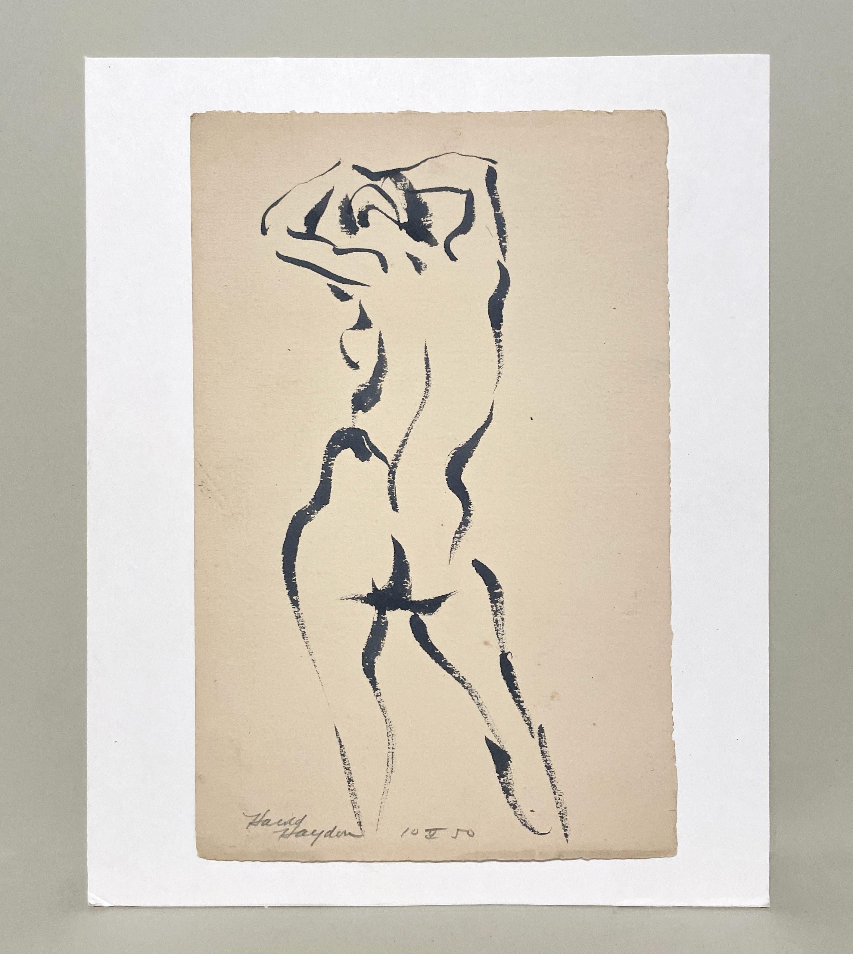 Un sorprendente disegno a inchiostro di un nudo femminile in piedi degli anni '50 della modernità di metà secolo - Art di Harold Haydon