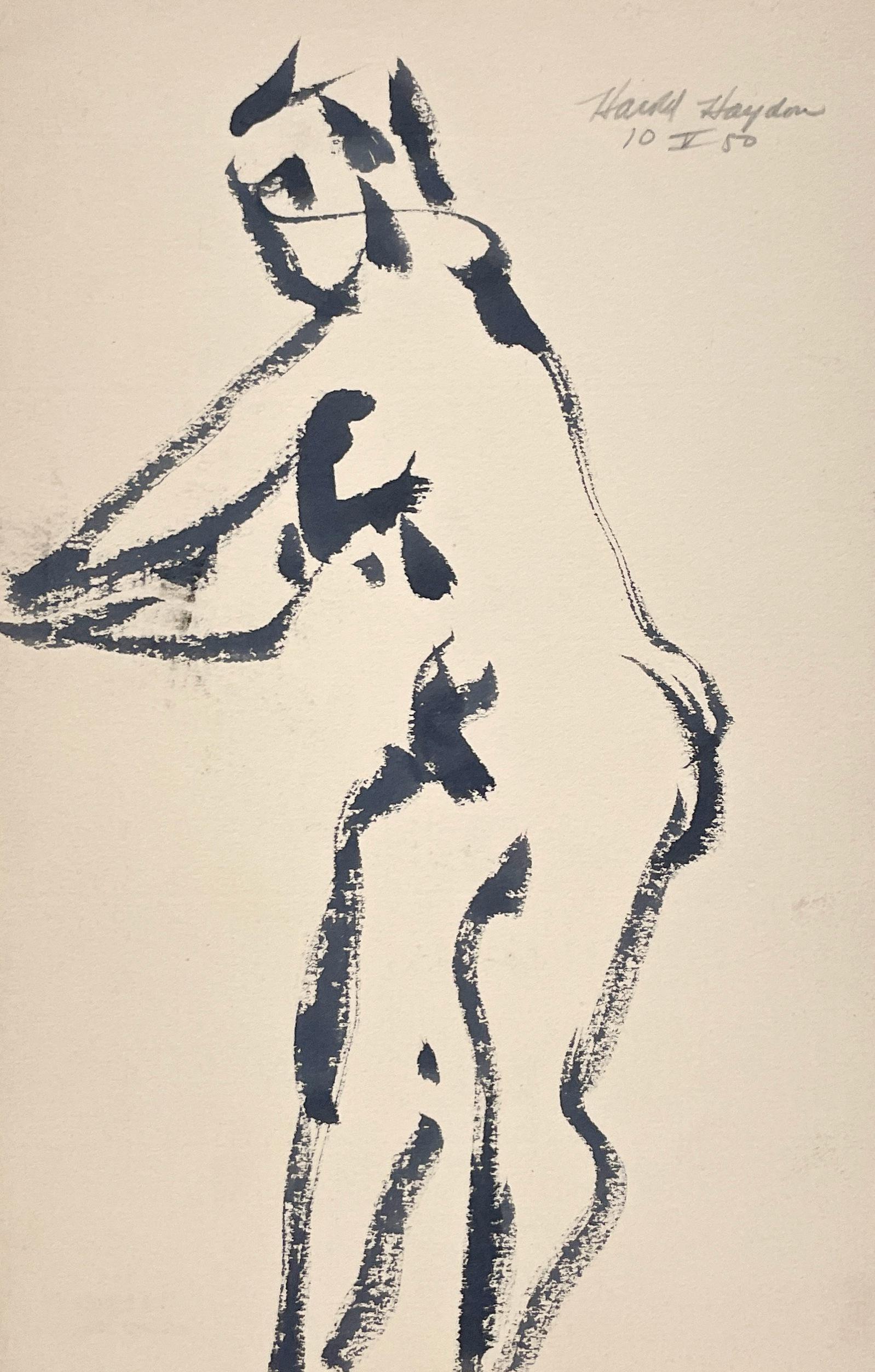 Auffällige Tuschezeichnung eines stehenden weiblichen Akts aus der Mitte des Jahrhunderts (1950) (Weiß), Figurative Art, von Harold Haydon