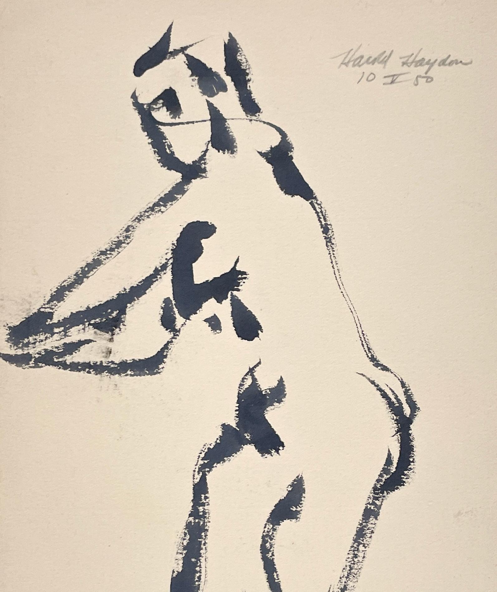 Eine auffällige Tuschezeichnung eines stehenden weiblichen Aktes aus der Mitte des 19. Jahrhunderts von Harold Haydon (Am. 1909-1994), einem bekannten Künstler aus Chicago.  Die sparsame und außergewöhnliche Verwendung von Pinsel, Linie und Form