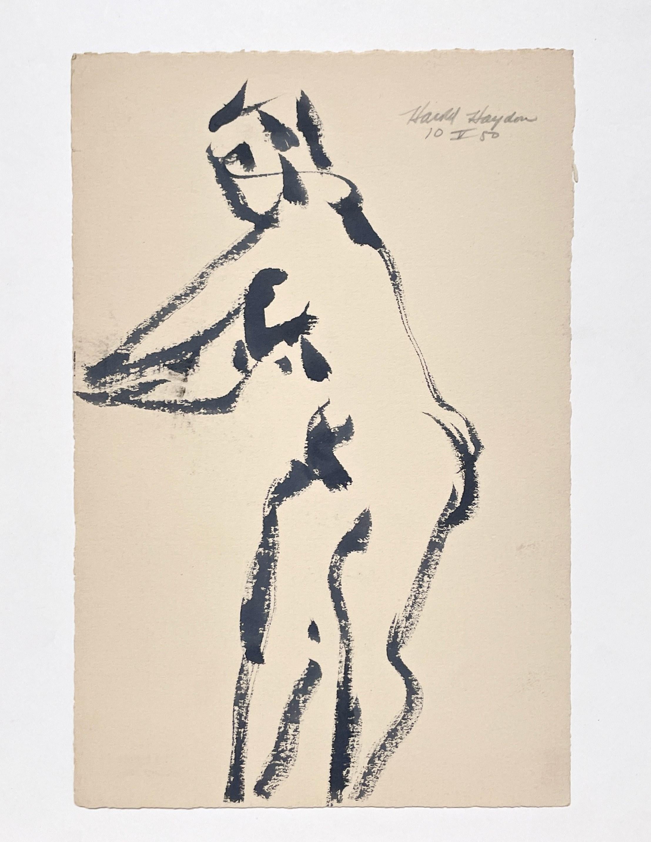 Auffällige Tuschezeichnung eines stehenden weiblichen Akts aus der Mitte des Jahrhunderts (1950) im Angebot 1