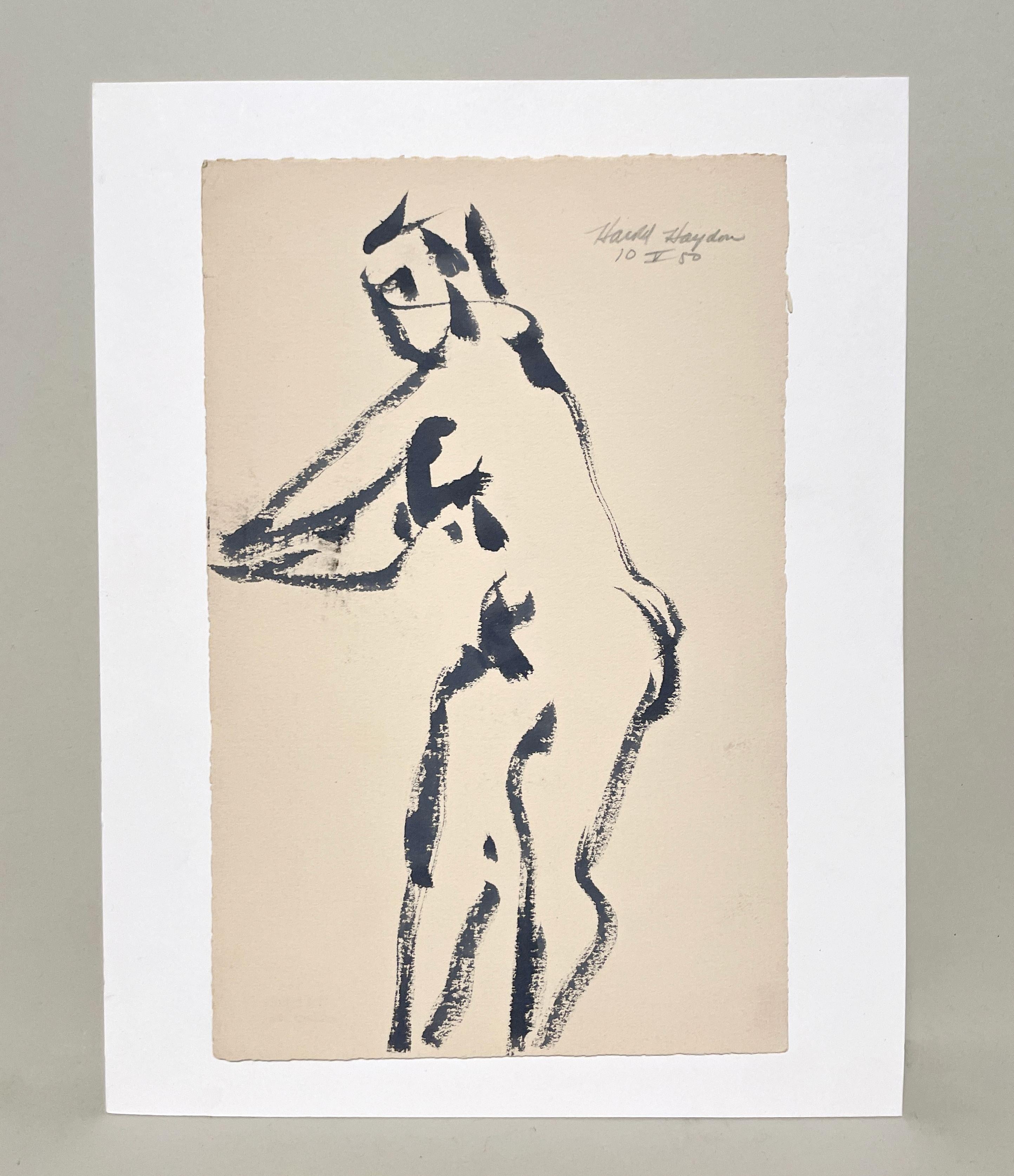 Auffällige Tuschezeichnung eines stehenden weiblichen Akts aus der Mitte des Jahrhunderts (1950) (Amerikanische Moderne), Art, von Harold Haydon