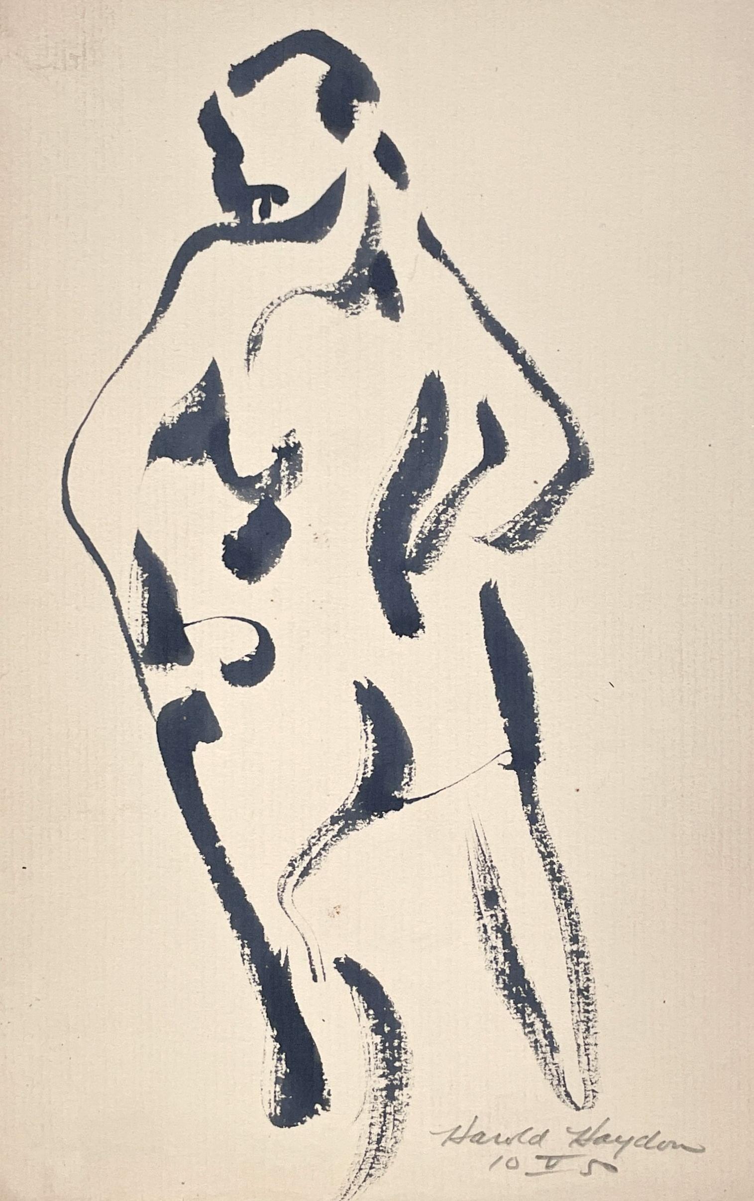 Sorprendente dibujo a tinta de una bailarina de pie de mediados de siglo XX - Figurative Art Blanco de Harold Haydon