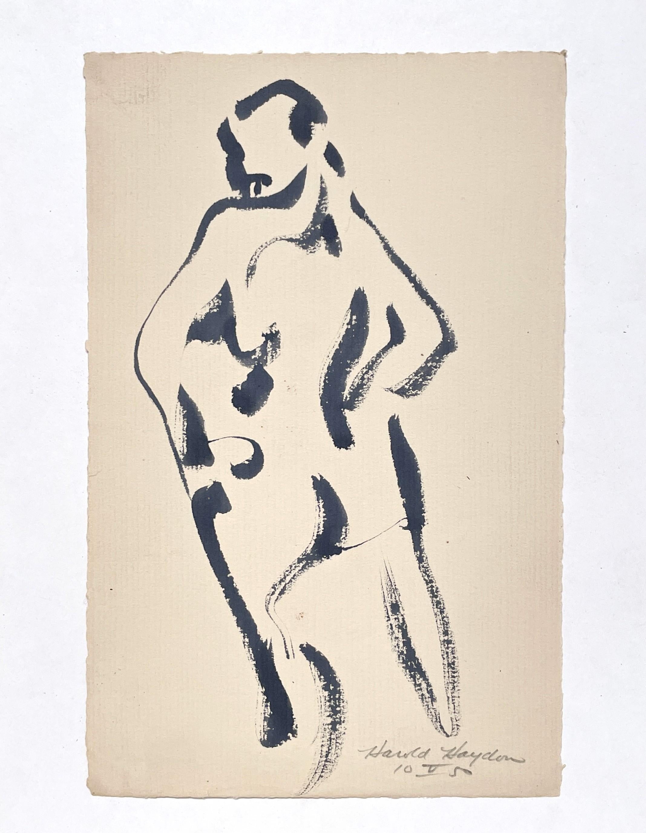 Sorprendente dibujo a tinta de una bailarina de pie de mediados de siglo XX - Art moderno estadounidense de Harold Haydon