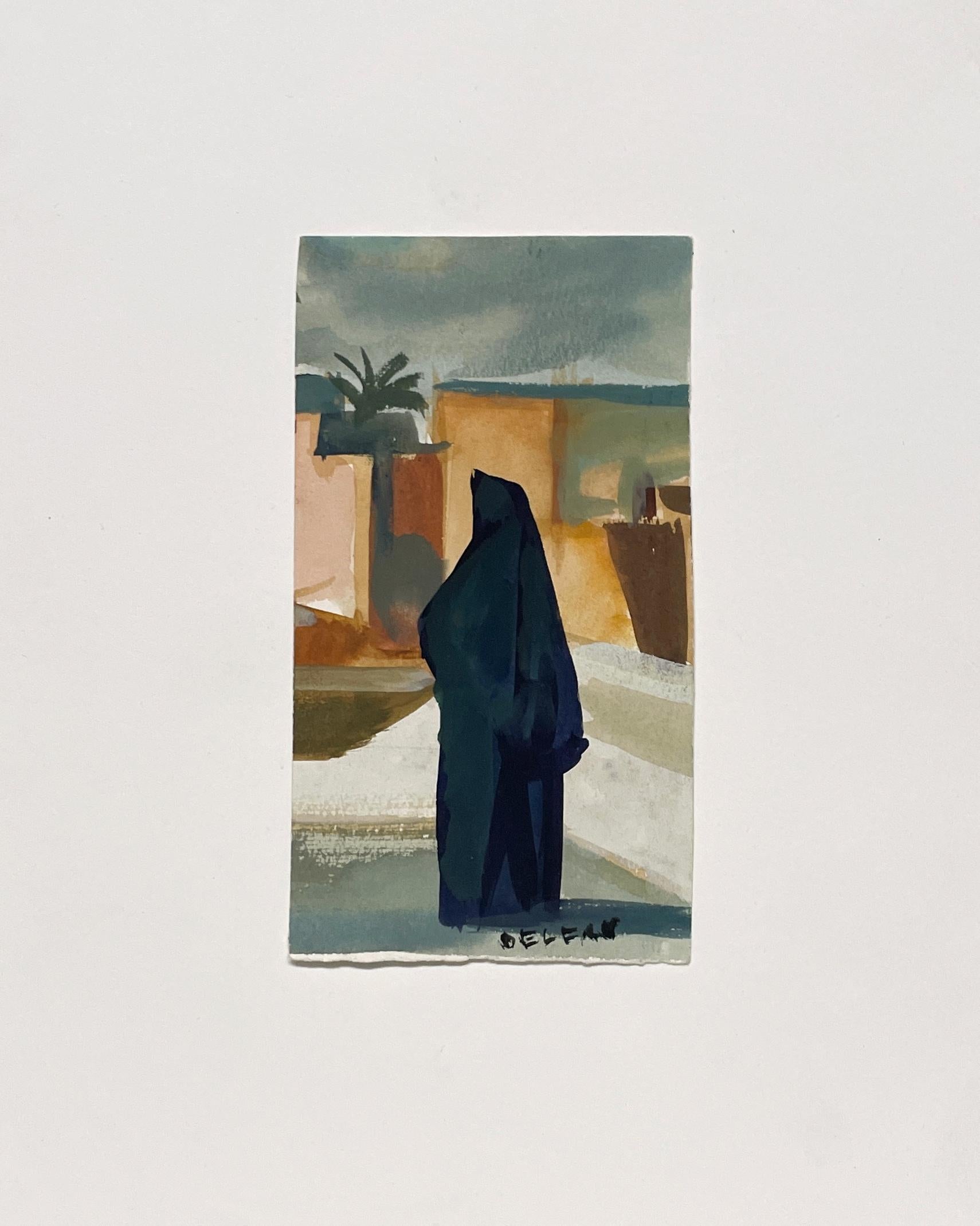 Beeindruckende marokkanische Landschaft mit stehender, verhüllter Figur von Andre Delfau im Angebot 2