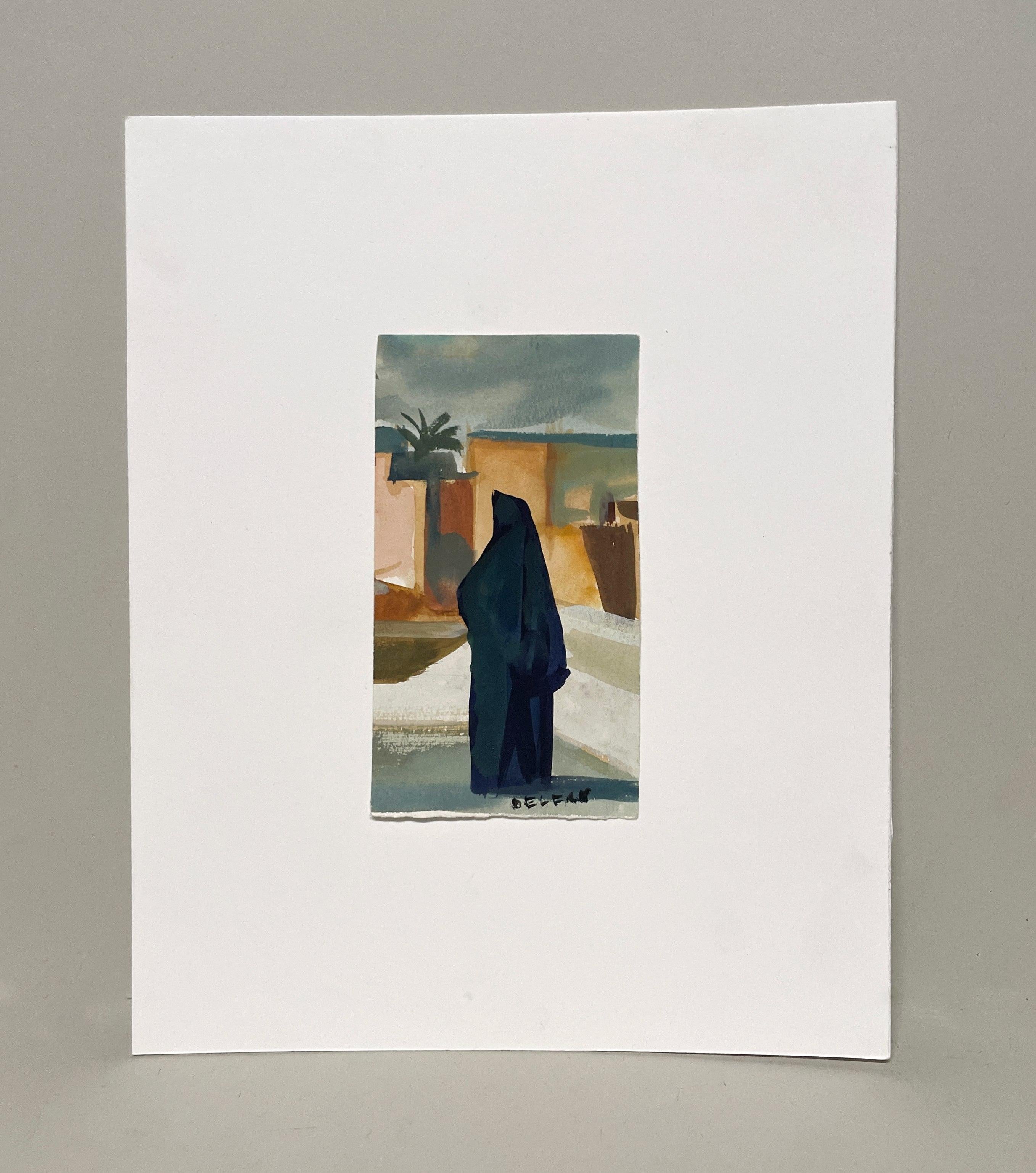 Beeindruckende marokkanische Landschaft mit stehender, verhüllter Figur von Andre Delfau im Angebot 1