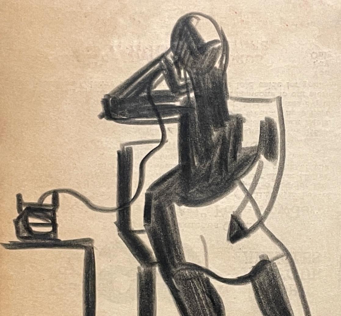 Un elegante dibujo cubista Art Decó de los años 40 de una mujer sentada - La llamada telefónica en venta 2