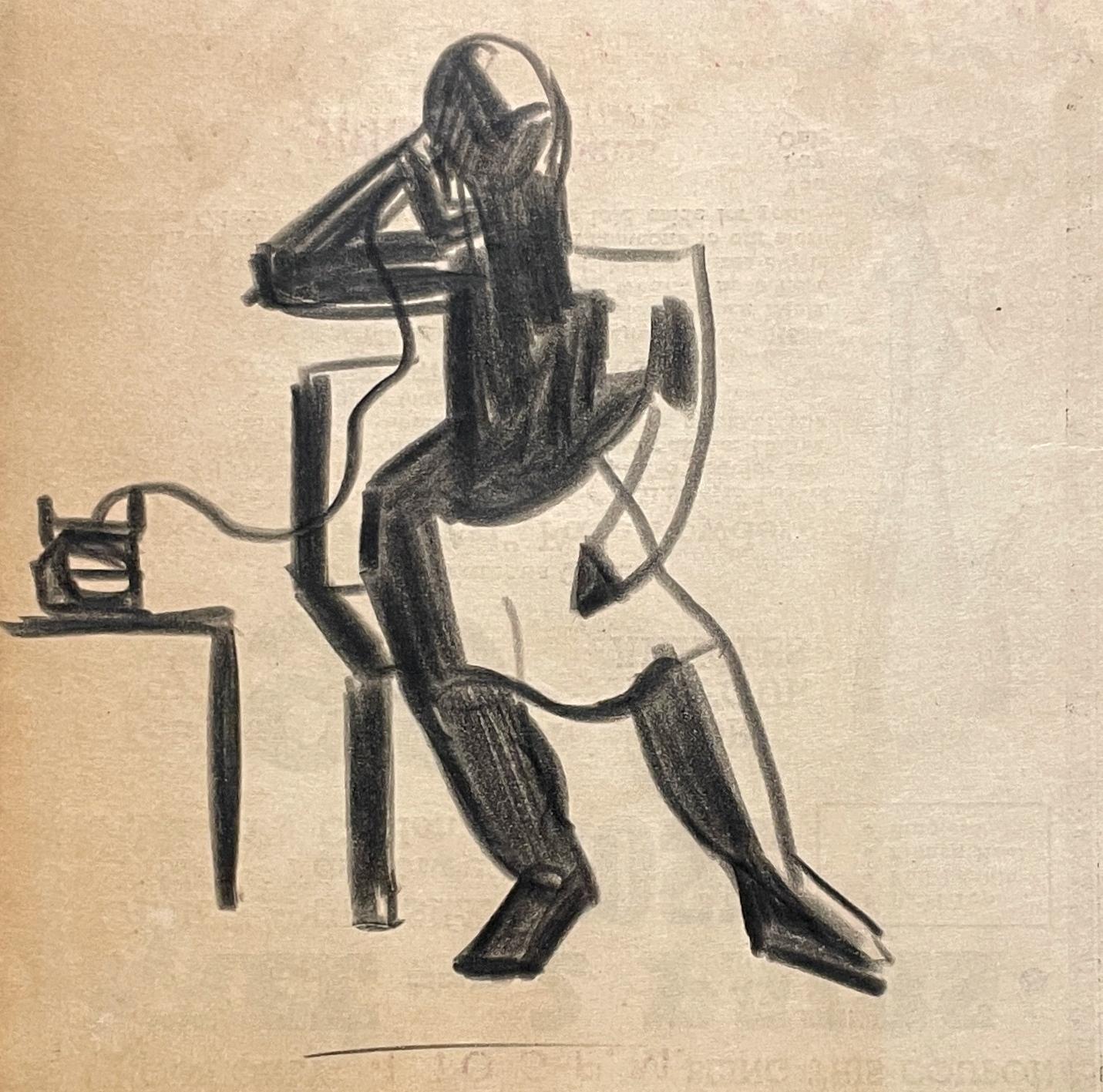 Un elegante dibujo cubista Art Decó de los años 40 de una mujer sentada - La llamada telefónica en venta 1