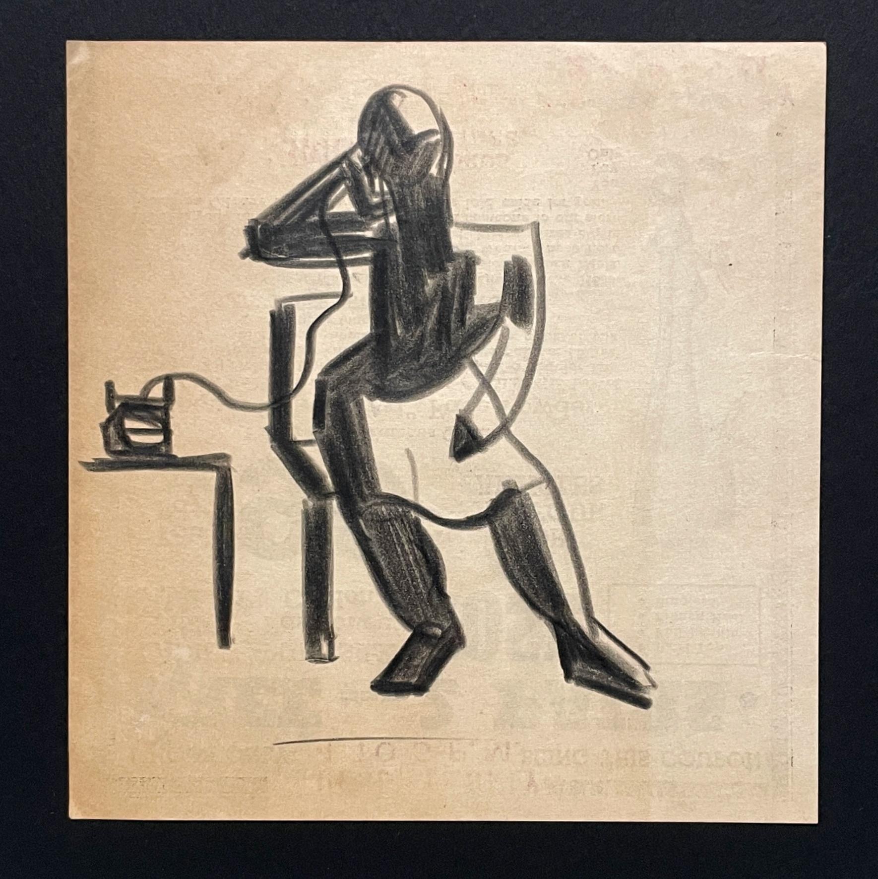 Elegante dibujo cubista art déco de la década de 1940 de una mujer sentada, 