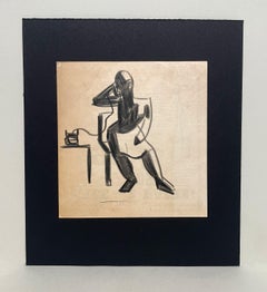 Un elegante dibujo cubista Art Decó de los años 40 de una mujer sentada - La llamada telefónica