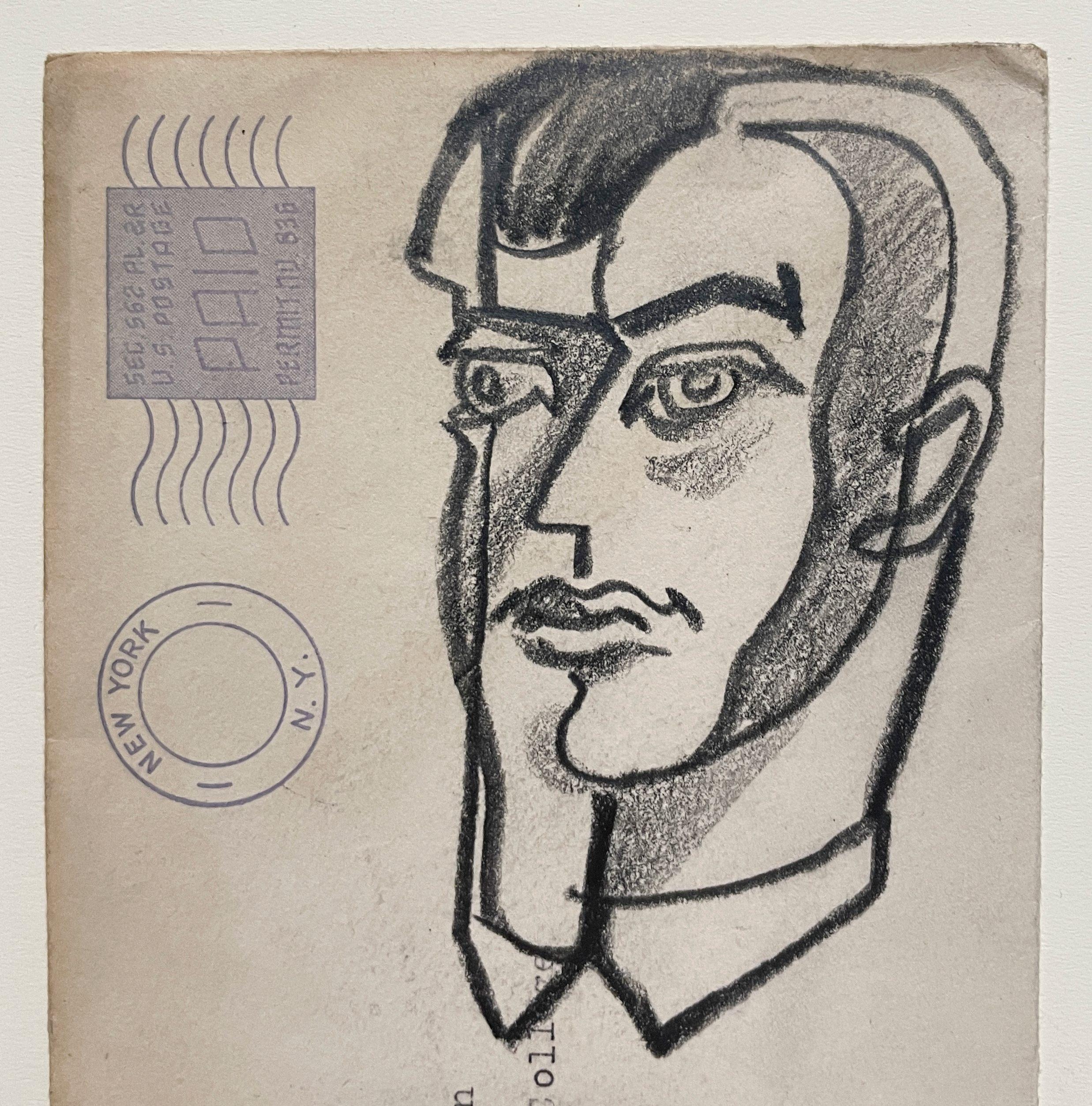 Un característico retrato cubista de mediados de siglo de dos jóvenes, obra del conocido artista de Chicago Harold Haydon (Am. 1909-1994).  Un estudio de retrato masculino a carboncillo, visualmente impactante, ejecutado en papel de sobre de carta
