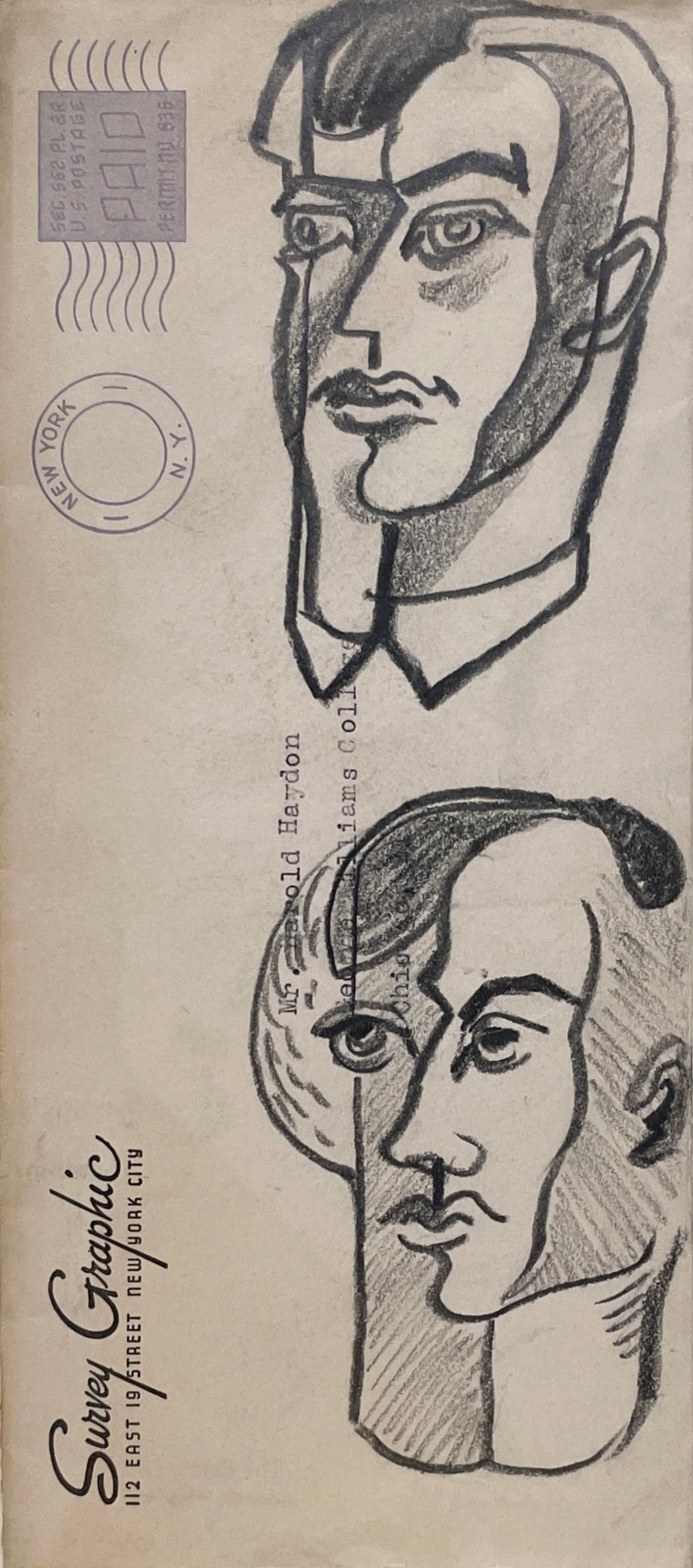 Un característico retrato cubista de dos jóvenes de mediados de siglo de la década de 1950 - Figurative Art Marrón de Harold Haydon