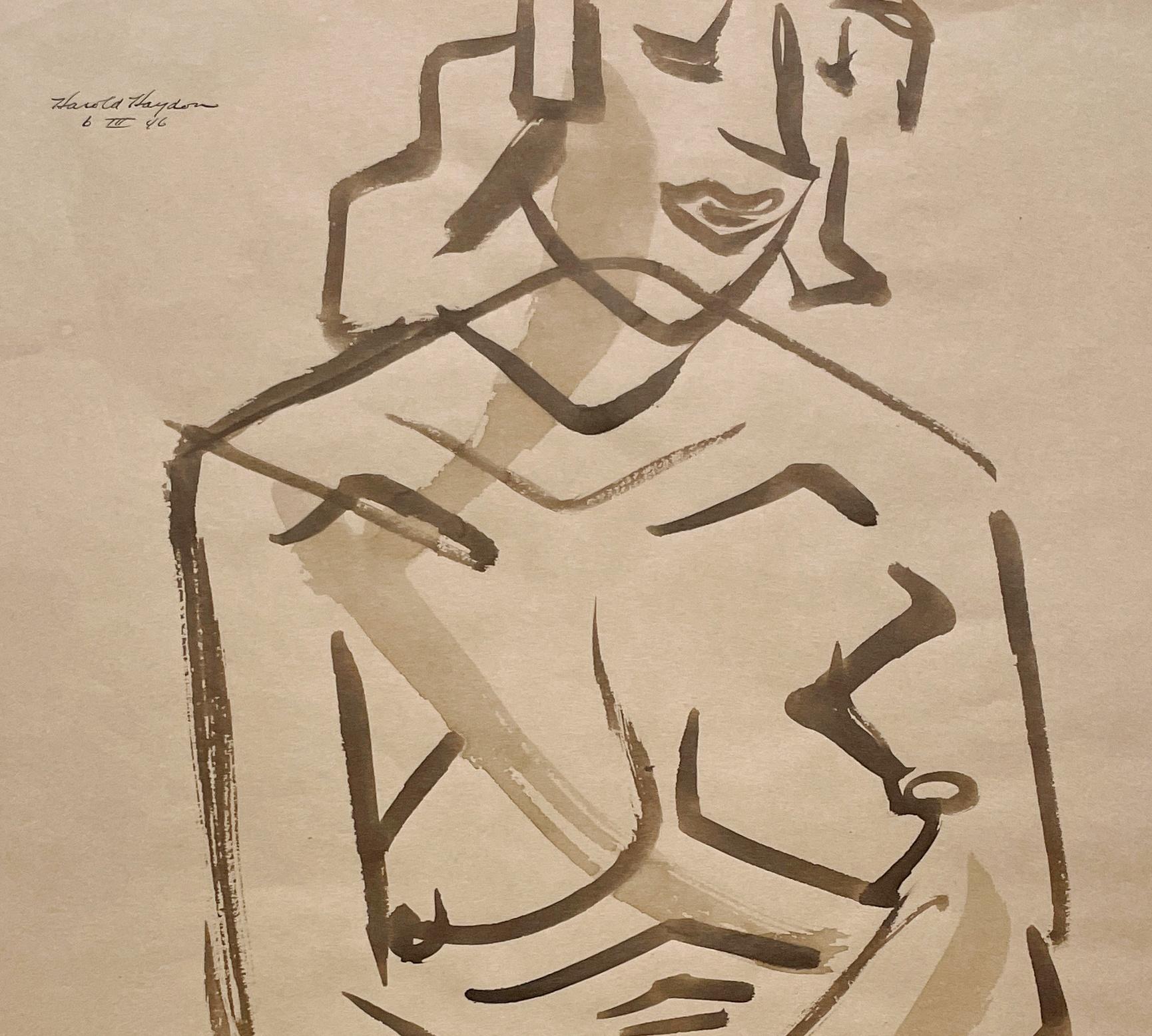 Ein fabelhaftes, 1940er Jahre modernes kubistisches Aquarell eines sitzenden weiblichen Aktmodells von Harold Haydon (Am. 1909-1994), einem bekannten Künstler aus Chicago.  Aquarell und Tinte auf sepia getöntem Papier, aus dem Jahr 1946.  Größe des