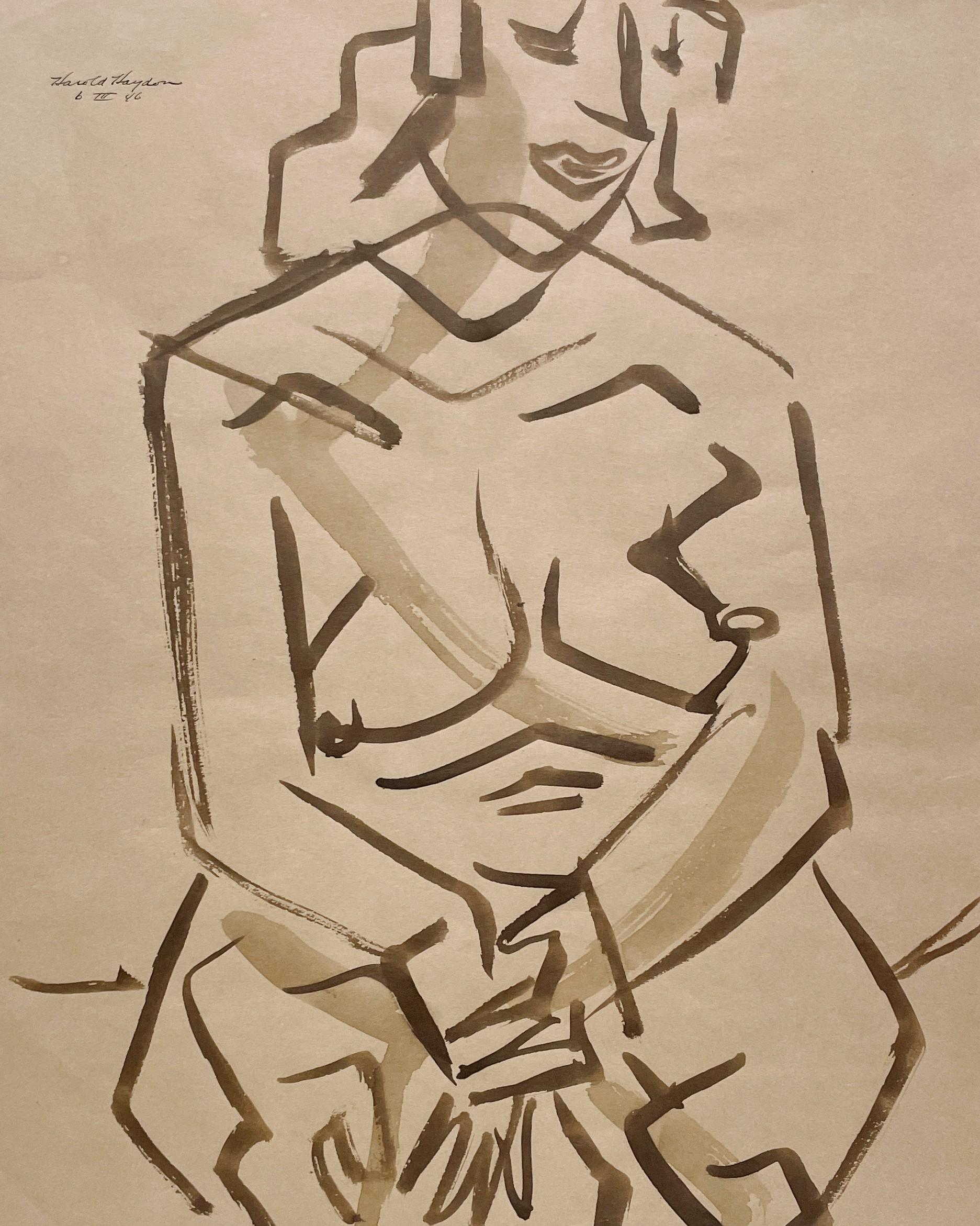 Eine fabelhafte 1940er Jahre moderne kubistische Aquarell einer sitzenden weiblichen Akt, Sepia getönt (Beige), Nude, von Harold Haydon