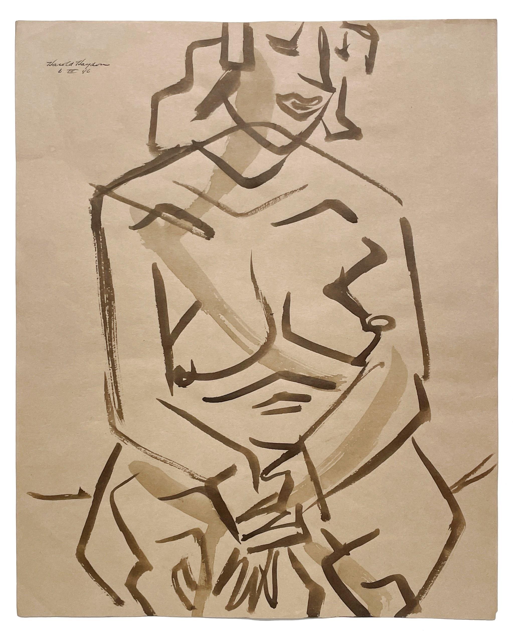Eine fabelhafte 1940er Jahre moderne kubistische Aquarell einer sitzenden weiblichen Akt, Sepia getönt (Amerikanische Moderne), Art, von Harold Haydon