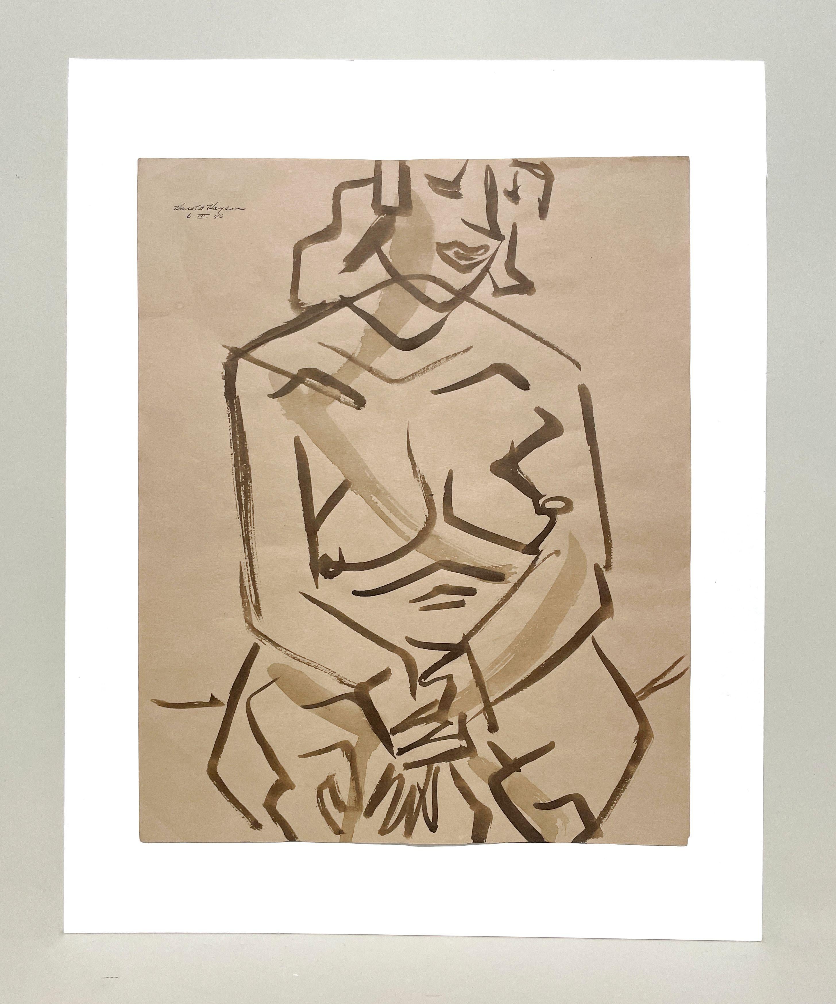 Eine fabelhafte 1940er Jahre moderne kubistische Aquarell einer sitzenden weiblichen Akt, Sepia getönt – Art von Harold Haydon