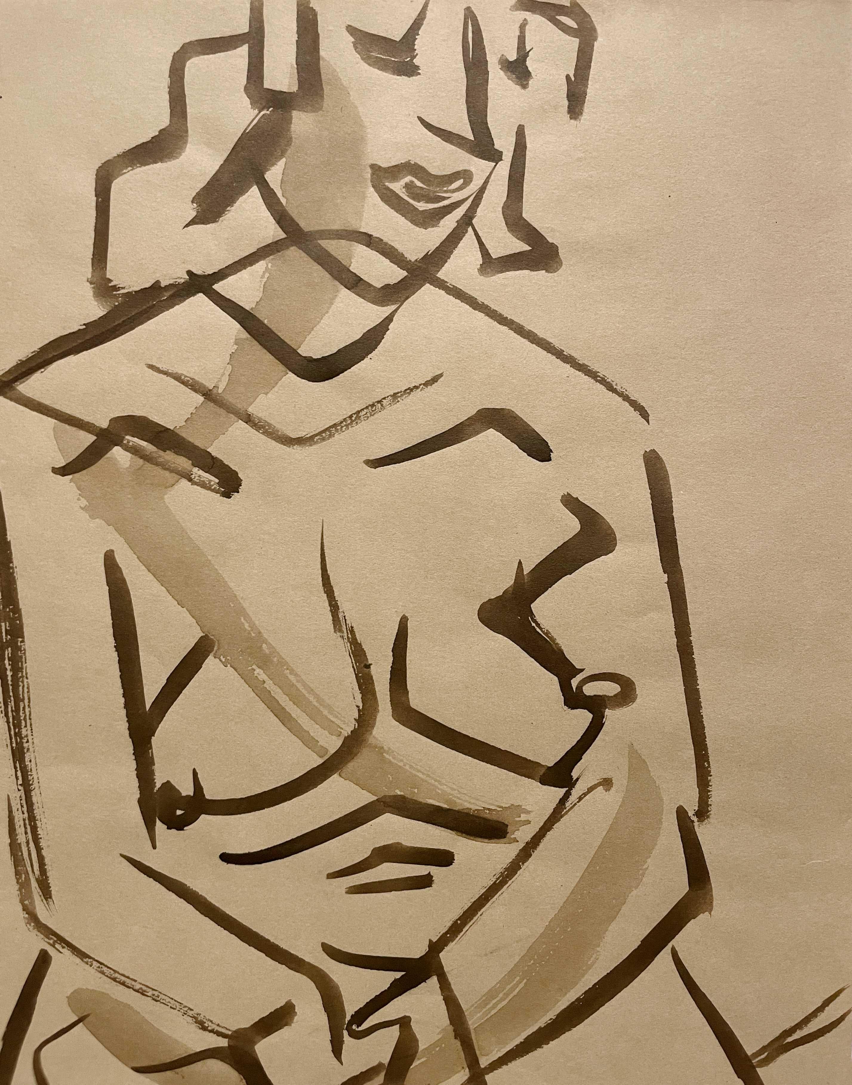Eine fabelhafte 1940er Jahre moderne kubistische Aquarell einer sitzenden weiblichen Akt, Sepia getönt im Angebot 1