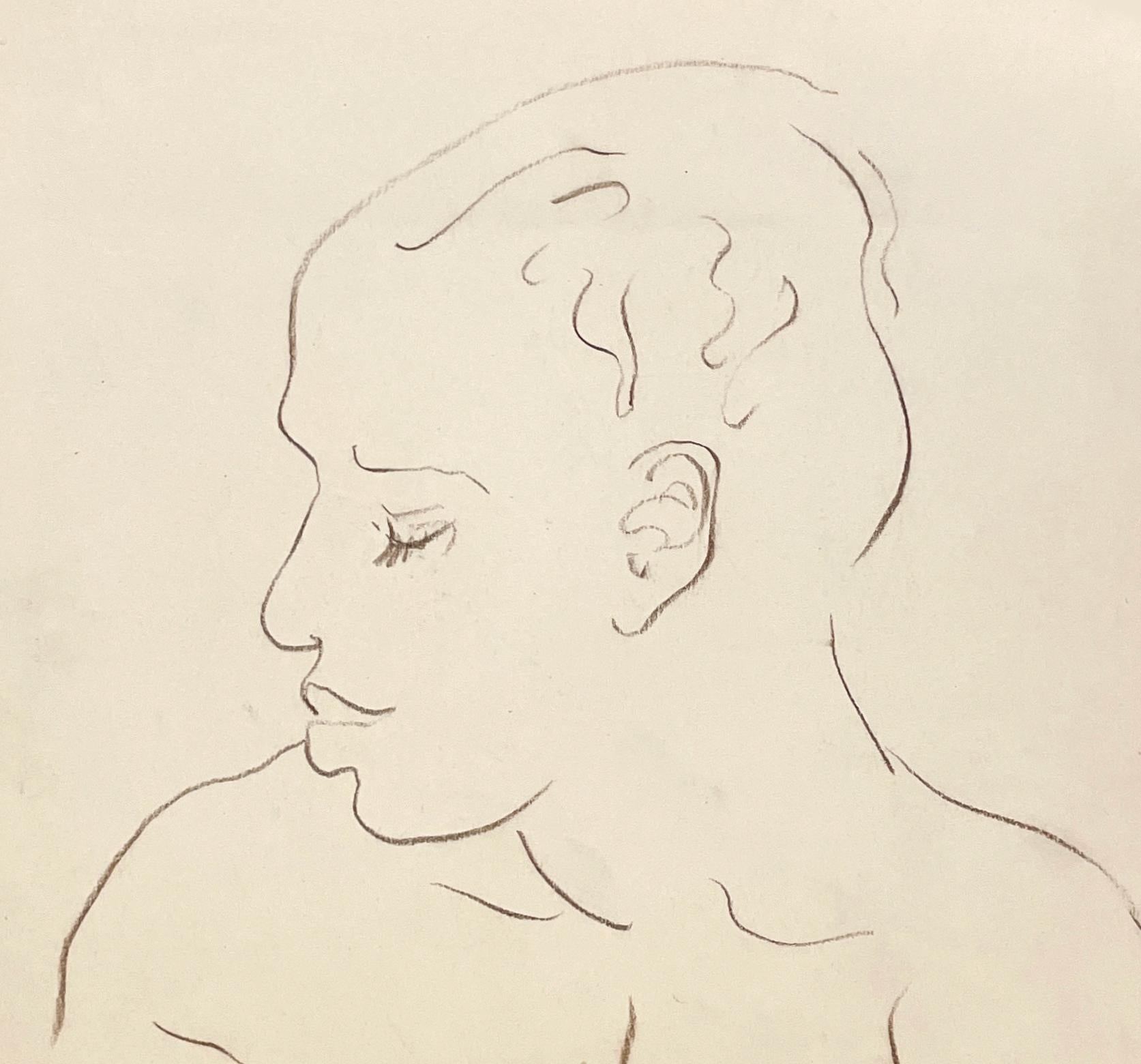 Un étonnant portrait moderne du milieu du siècle d'un beau jeune homme noir de profil - Blanc Portrait par Harold Haydon