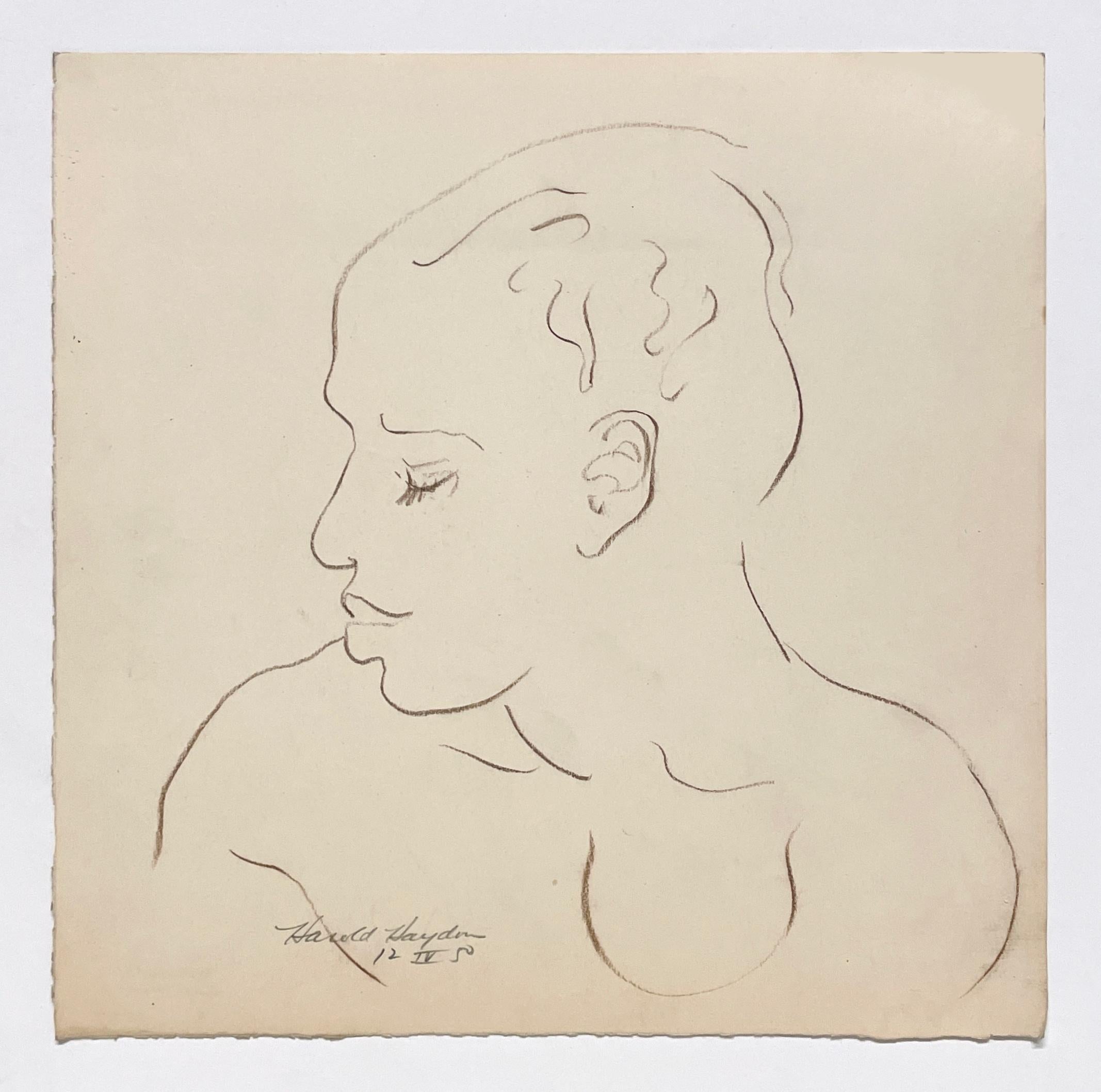 Un étonnant portrait moderne du milieu du siècle d'un beau jeune homme noir de profil - Modernisme américain Art par Harold Haydon