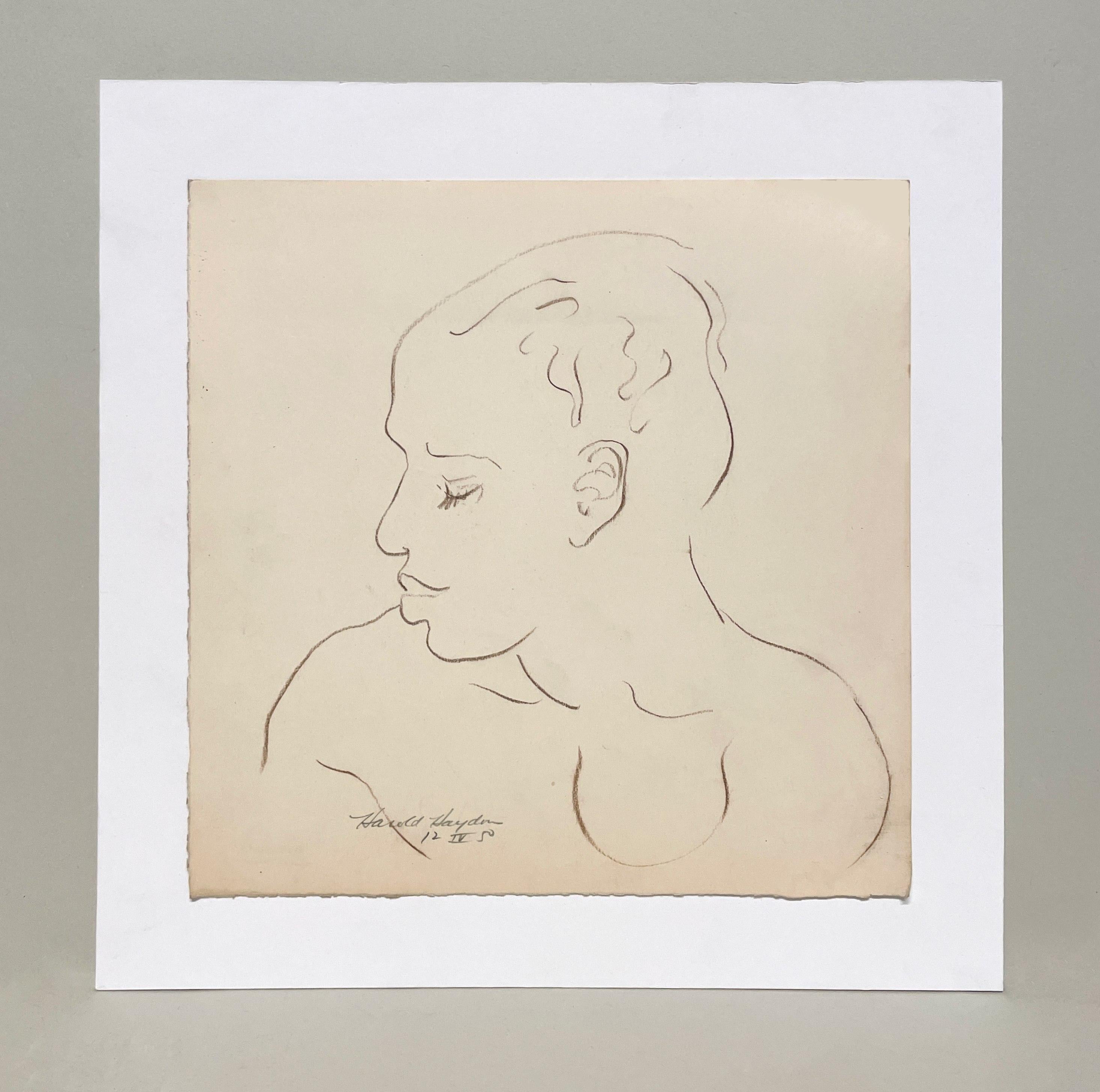 Un étonnant portrait moderne du milieu du siècle d'un beau jeune homme noir de profil - Art de Harold Haydon