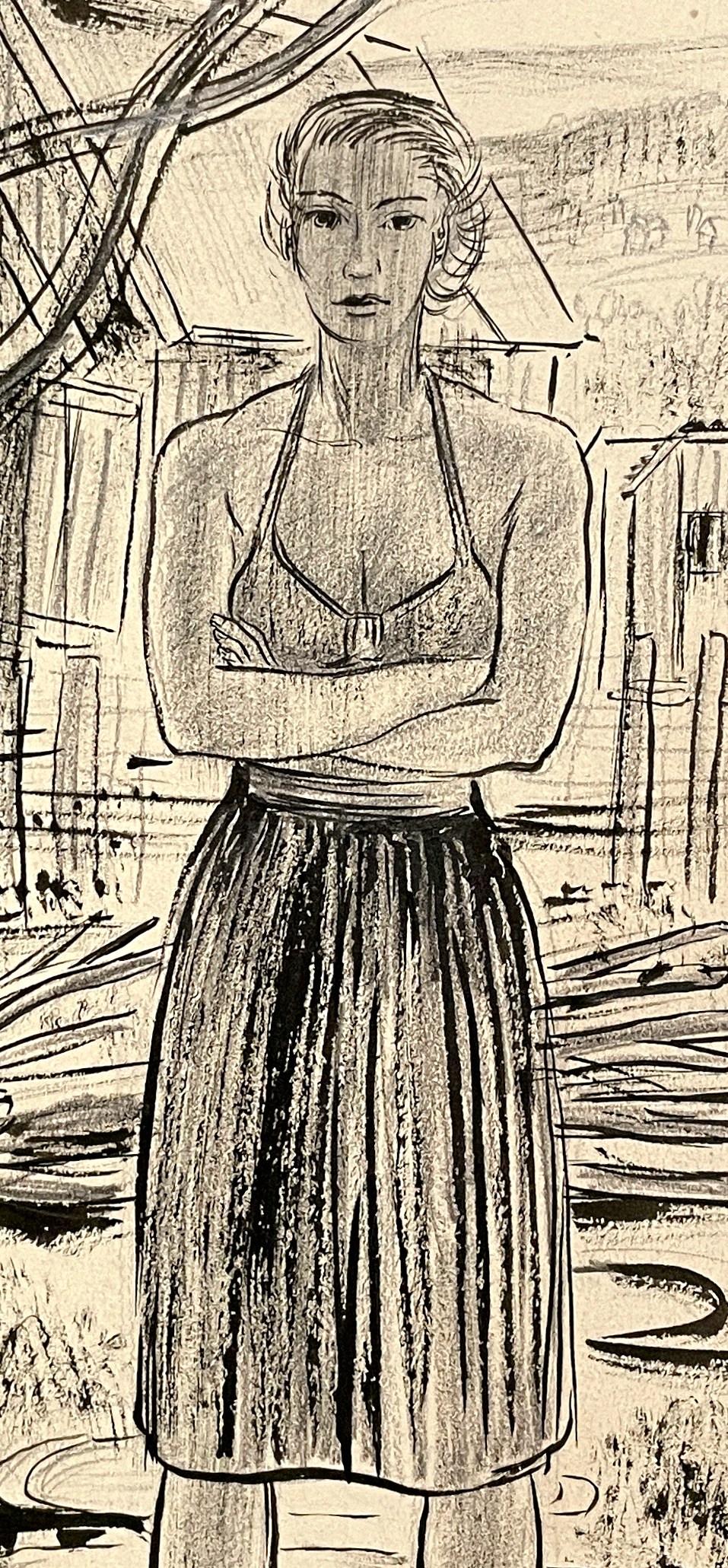 Une étonnante scène de studio moderne du Vermont de 1946 représentant un modèle féminin debout dans l'embrasure d'une porte par le célèbre artiste de Chicago, Harold Haydon (Am. 1909-1994).  Portrait finement exécuté de l'épouse de l'artiste,