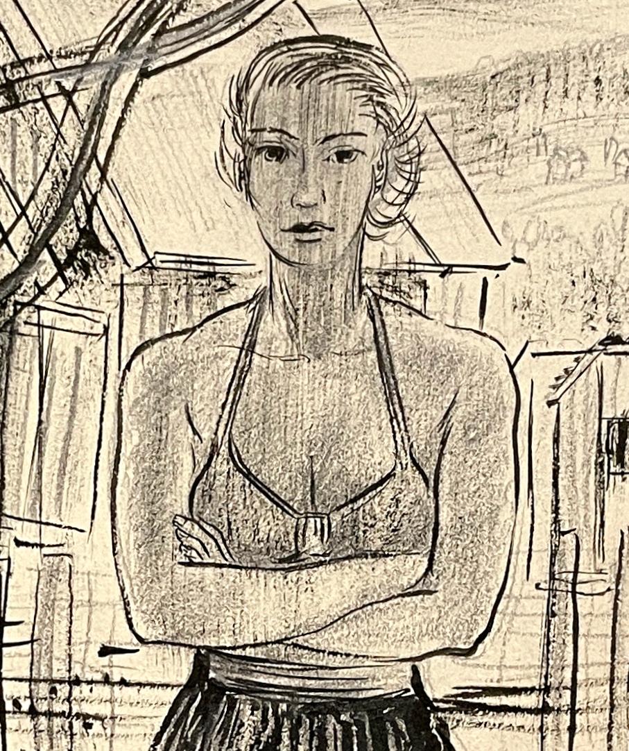 Scène de studio moderne de 1946 dans le Vermont, modèle féminin debout dans l'embrasure d'une porte en vente 1