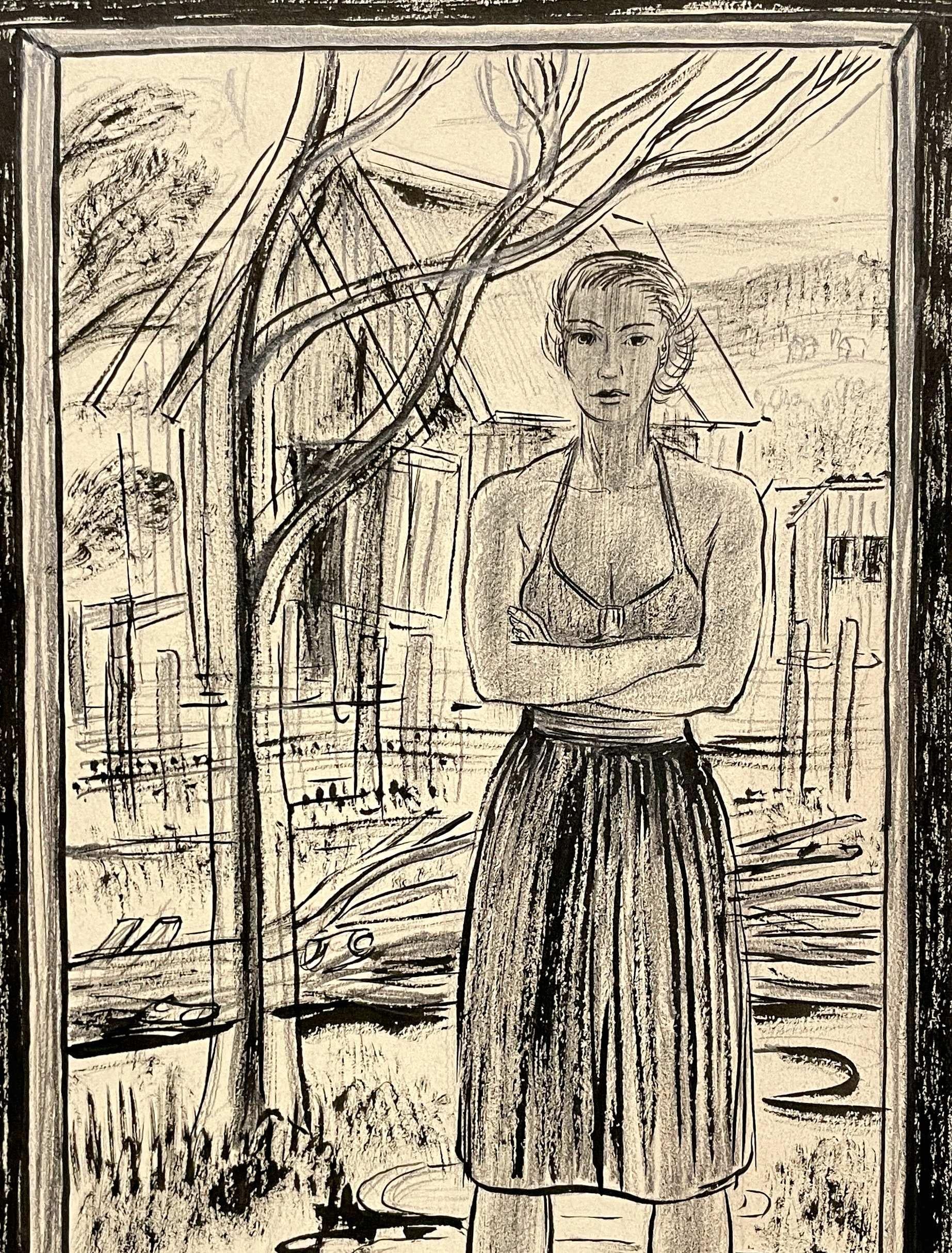 Scène de studio moderne de 1946 dans le Vermont, modèle féminin debout dans l'embrasure d'une porte - Beige Portrait par Harold Haydon