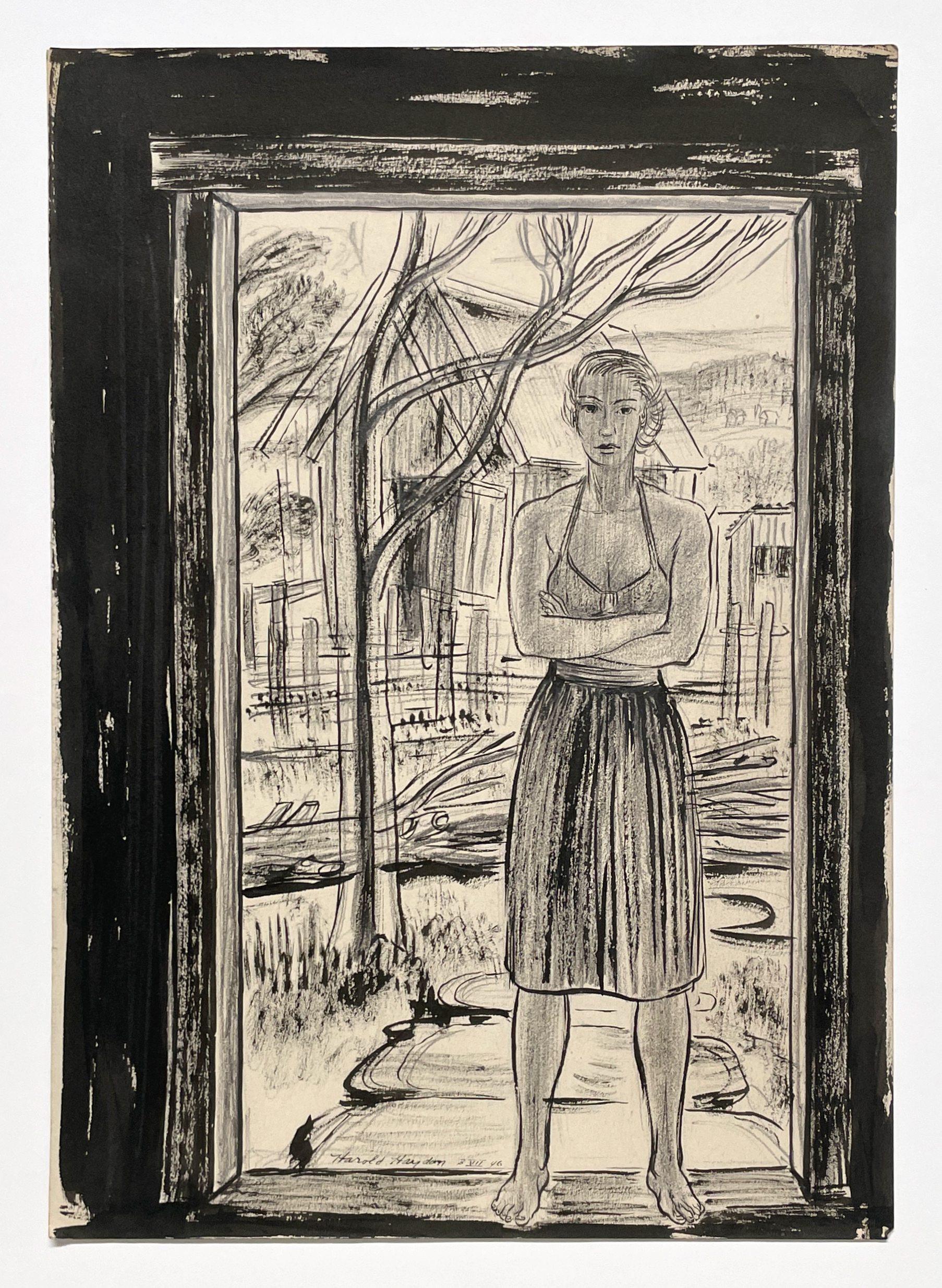 Scène de studio moderne de 1946 dans le Vermont, modèle féminin debout dans l'embrasure d'une porte - Modernisme américain Art par Harold Haydon