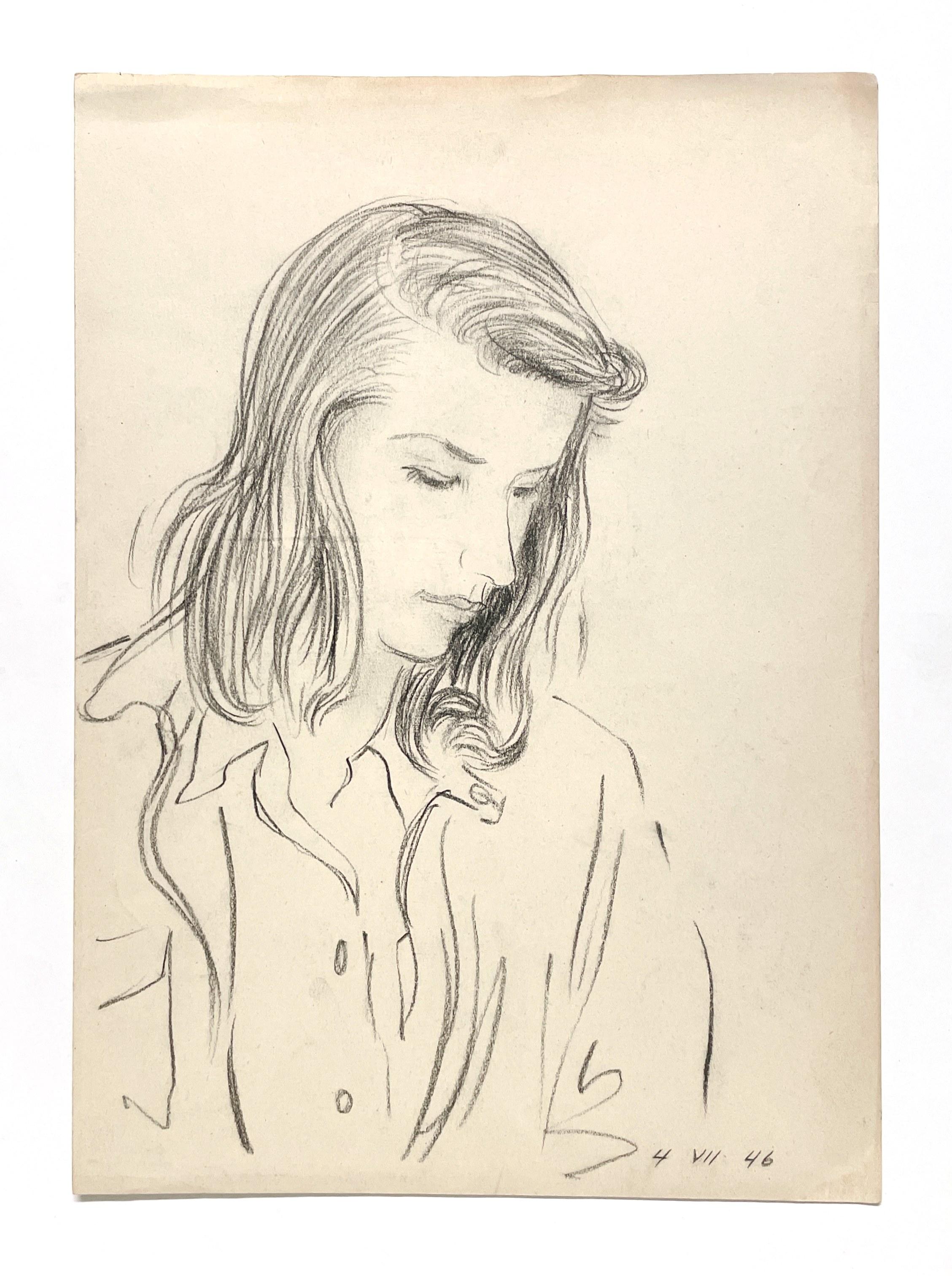 Portrait moderniste d'une jeune femme, finement dessiné, réalisé en 1946 par Harold Haydon en vente 2