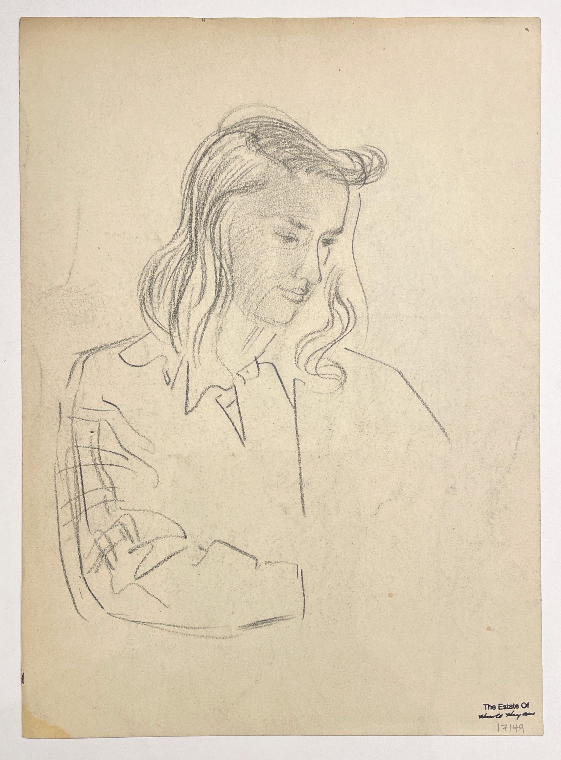 Portrait moderniste d'une jeune femme, finement dessiné, réalisé en 1946 par Harold Haydon en vente 7