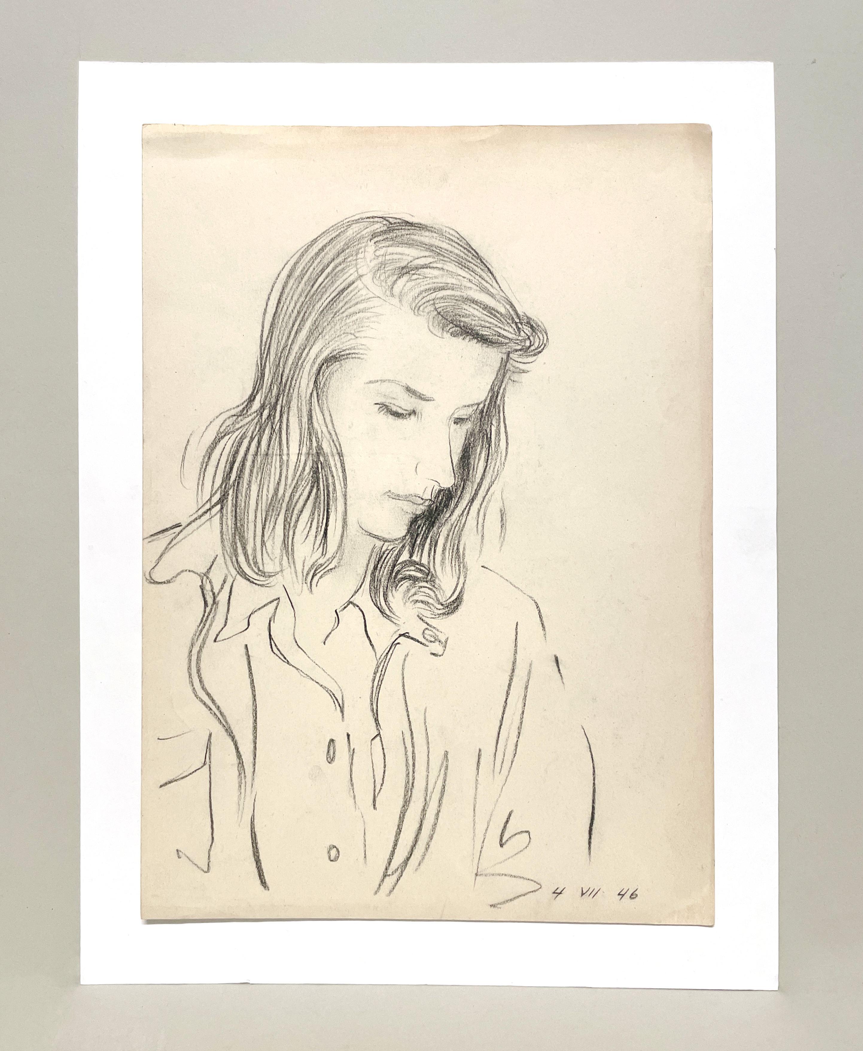 Portrait moderniste d'une jeune femme, finement dessiné, réalisé en 1946 par Harold Haydon en vente 1
