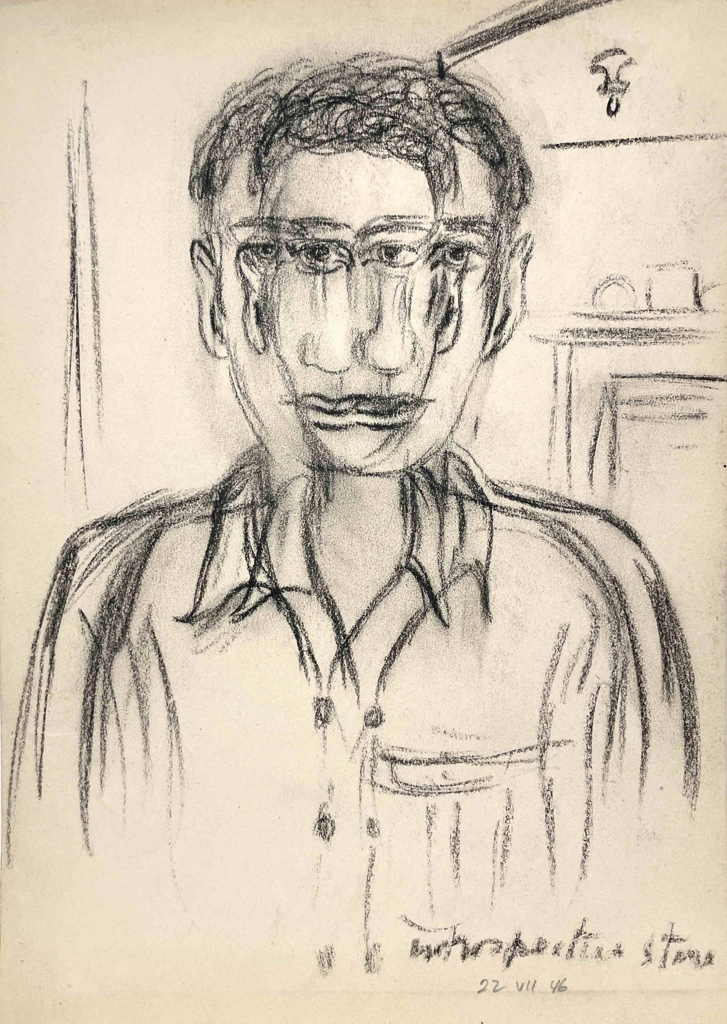 Fabuleux portrait abstrait d'un jeune homme, surréaliste et moderne du milieu du siècle 1946 - Beige Figurative Art par Harold Haydon