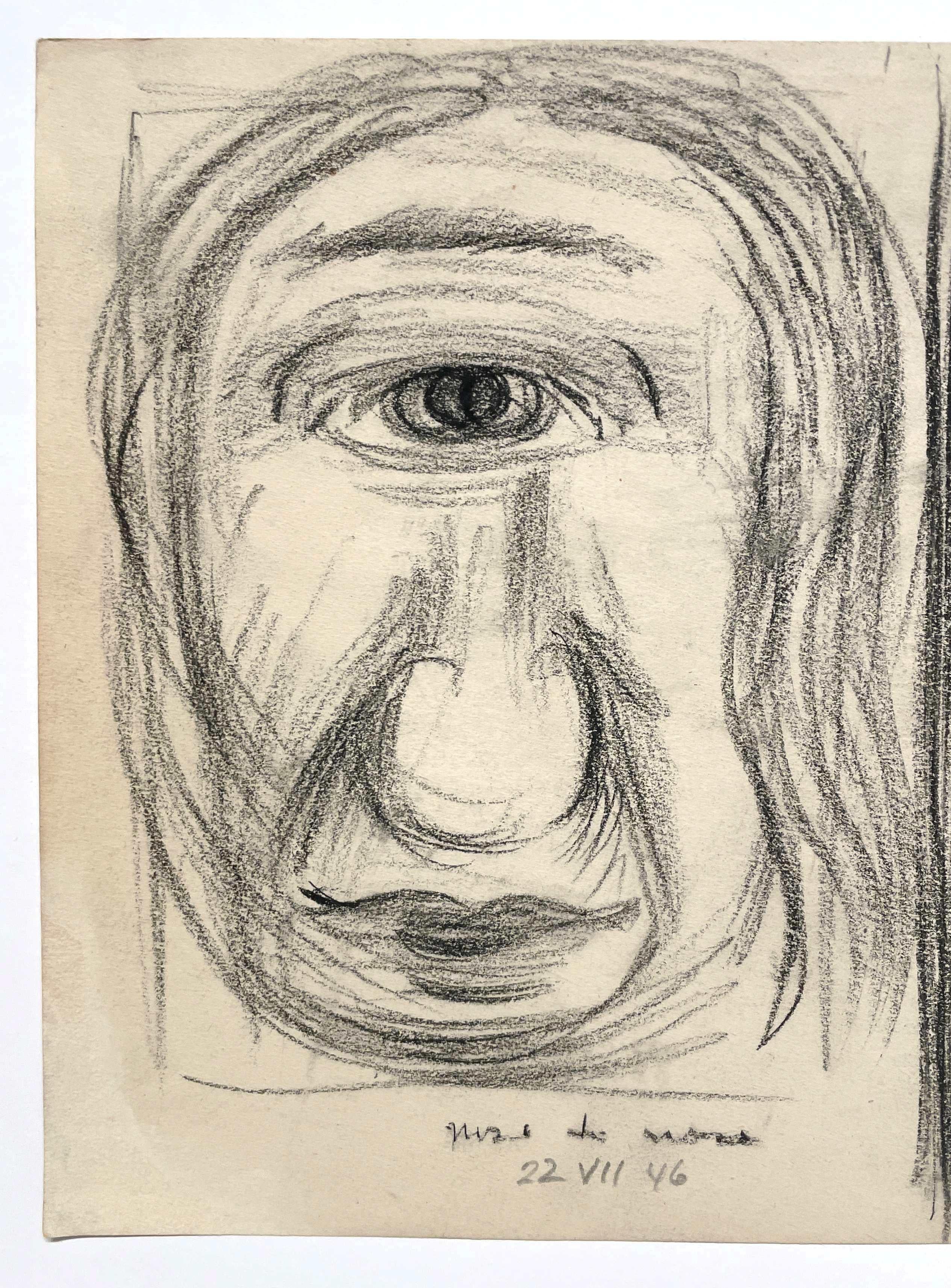 Estudio de retrato masculino surrealista moderno de mediados de siglo de 1946, Visión binocular - Portrait Beige de Harold Haydon